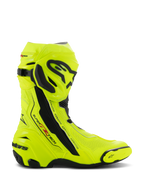 Bottes Alpinestars Supertech R Vented, bottes de course moto, jaune fluo et noir, tige en microfibre perforée au laser pour la ventilation, plaque de tibia en TPU et slider d'orteil remplaçable, design aérodynamique avec logos distinctifs