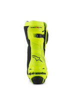 Bottes Alpinestars Supertech R Vented, vue arrière, jaune fluo et noir, construction en microfibre perforée, fermeture à cliquet micro-ajustable sur le dessus, marquage Alpinestars noir sur le talon, chaussures de course professionnelles
