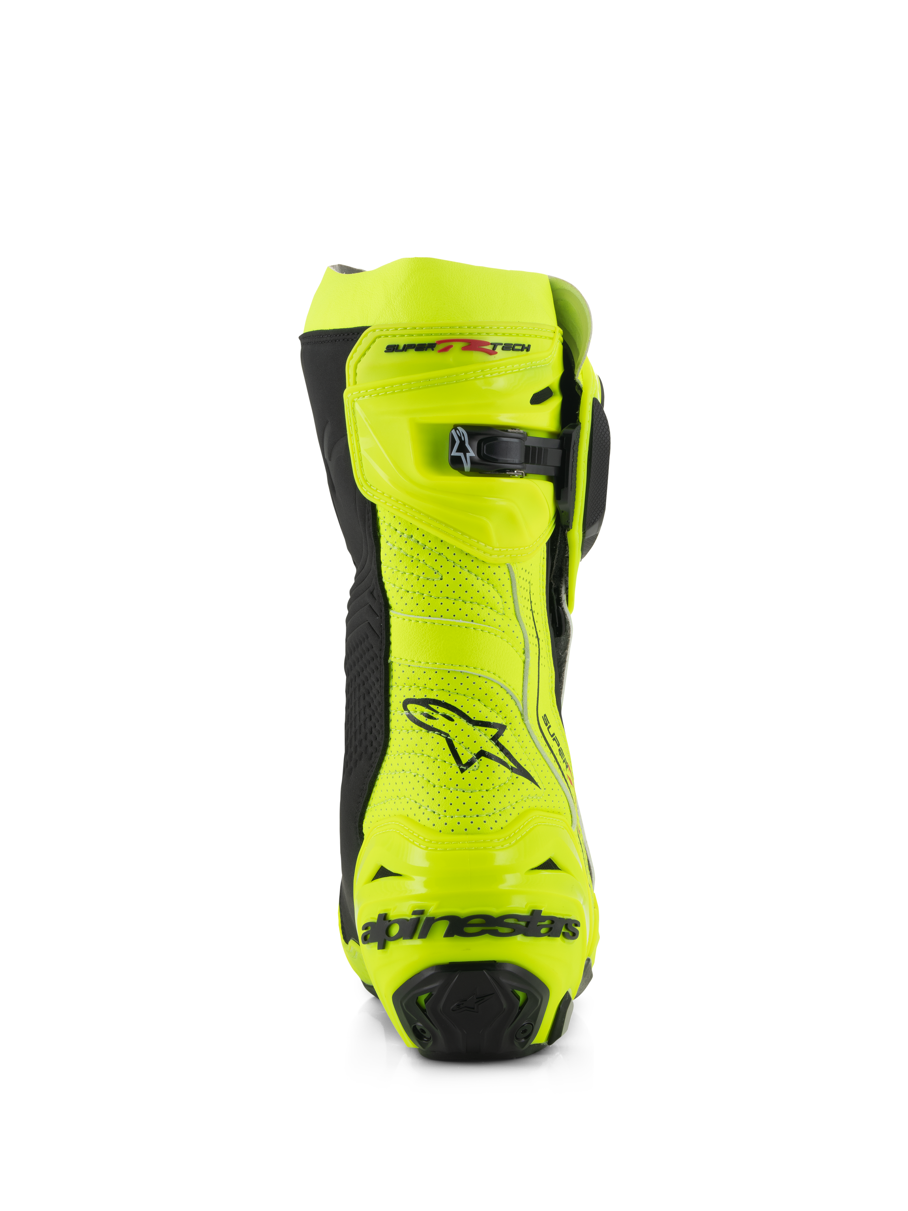 Bottes Alpinestars Supertech R Vented, vue arrière, jaune fluo et noir, construction en microfibre perforée, fermeture à cliquet micro-ajustable sur le dessus, marquage Alpinestars noir sur le talon, chaussures de course professionnelles