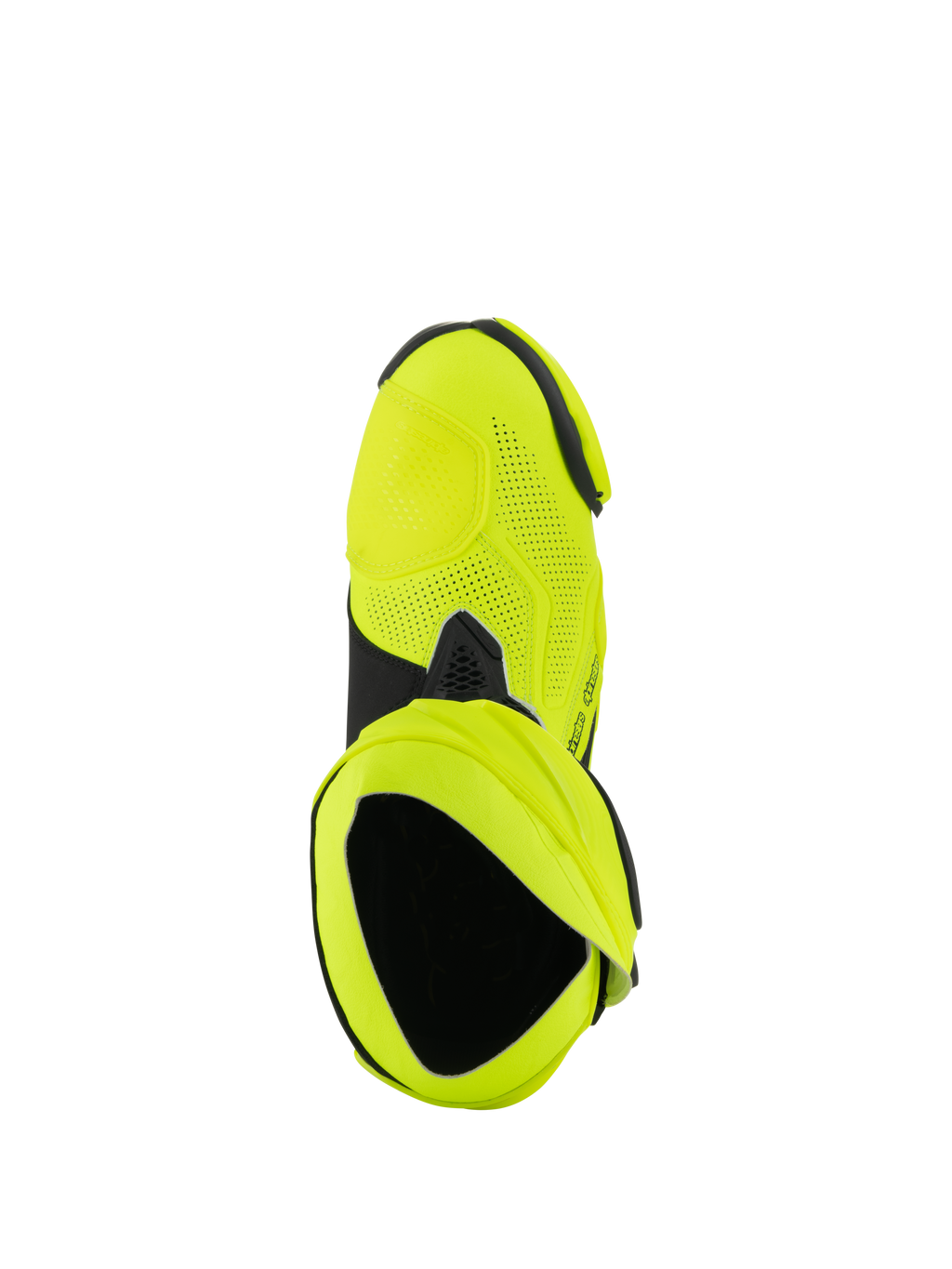 Alpinestars Supertech R Vented Boots, bottes de moto de course, jaune fluo et noir, vue de dessus montrant d'importantes perforations laser et l'ouverture du chausson interne