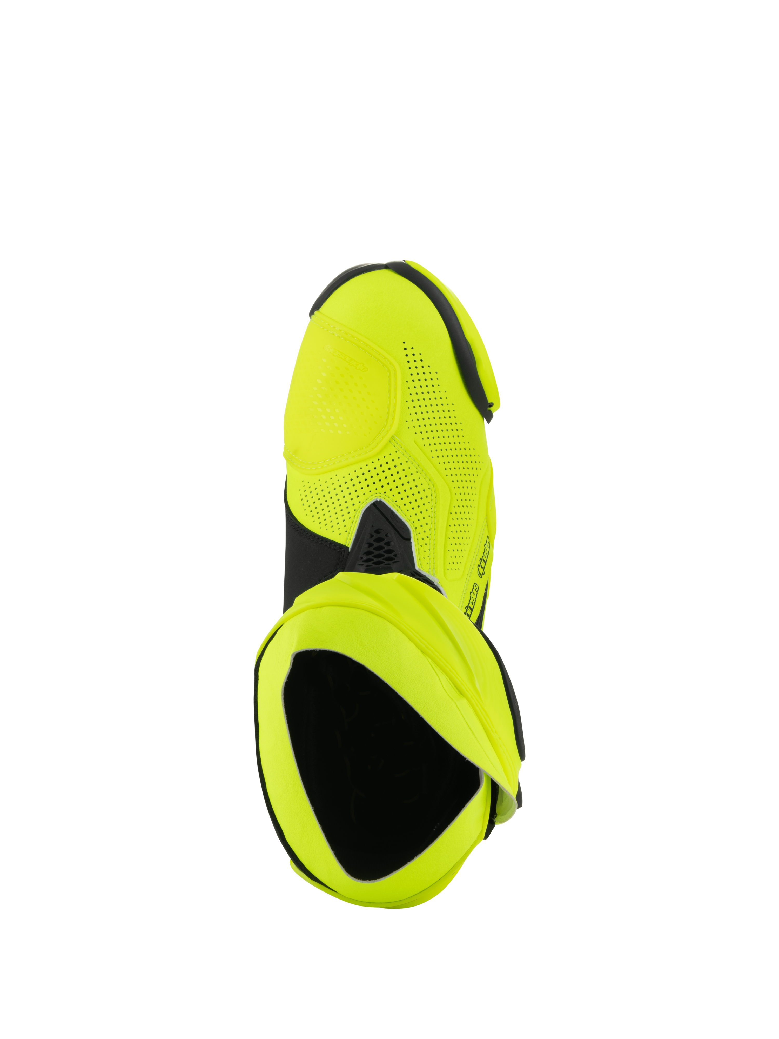 Alpinestars Supertech R Vented Boots, bottes de moto de course, jaune fluo et noir, vue de dessus montrant d'importantes perforations laser et l'ouverture du chausson interne