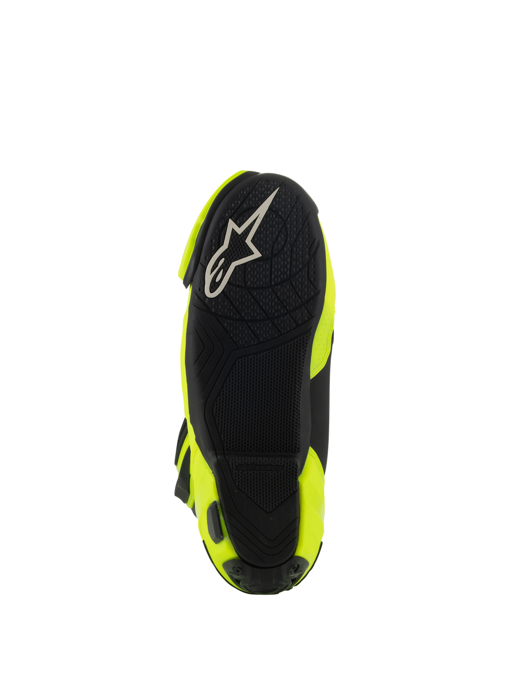 Bottes Alpinestars Supertech R Vented, vue de dessous montrant la semelle en caoutchouc noir, motif d'adhérence texturé pour repose-pieds, logo A-star blanc, botte de moto de course jaune fluo et noir