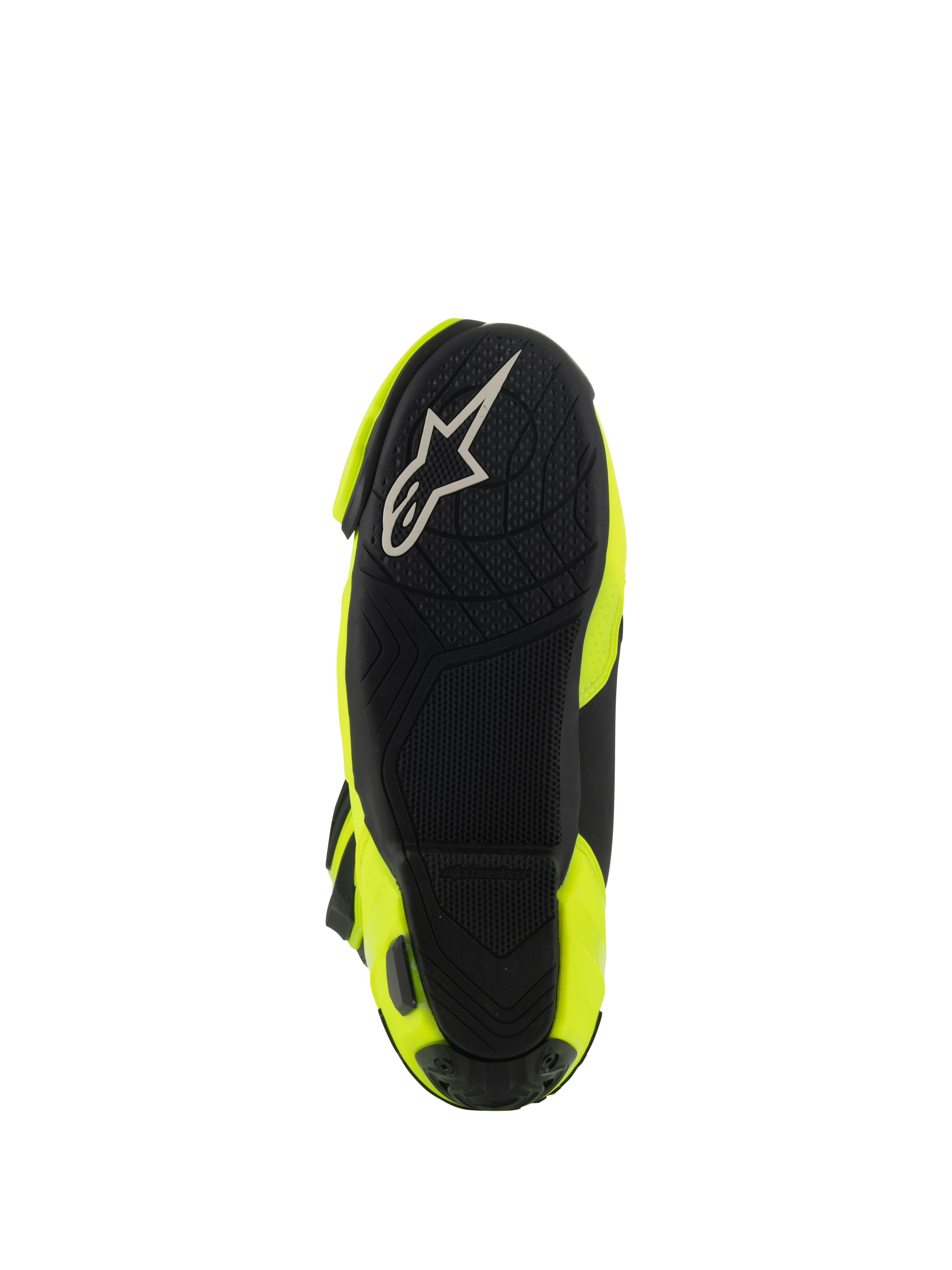 Bottes Alpinestars Supertech R Vented, vue de dessous montrant la semelle en caoutchouc noir, motif d'adhérence texturé pour repose-pieds, logo A-star blanc, botte de moto de course jaune fluo et noir