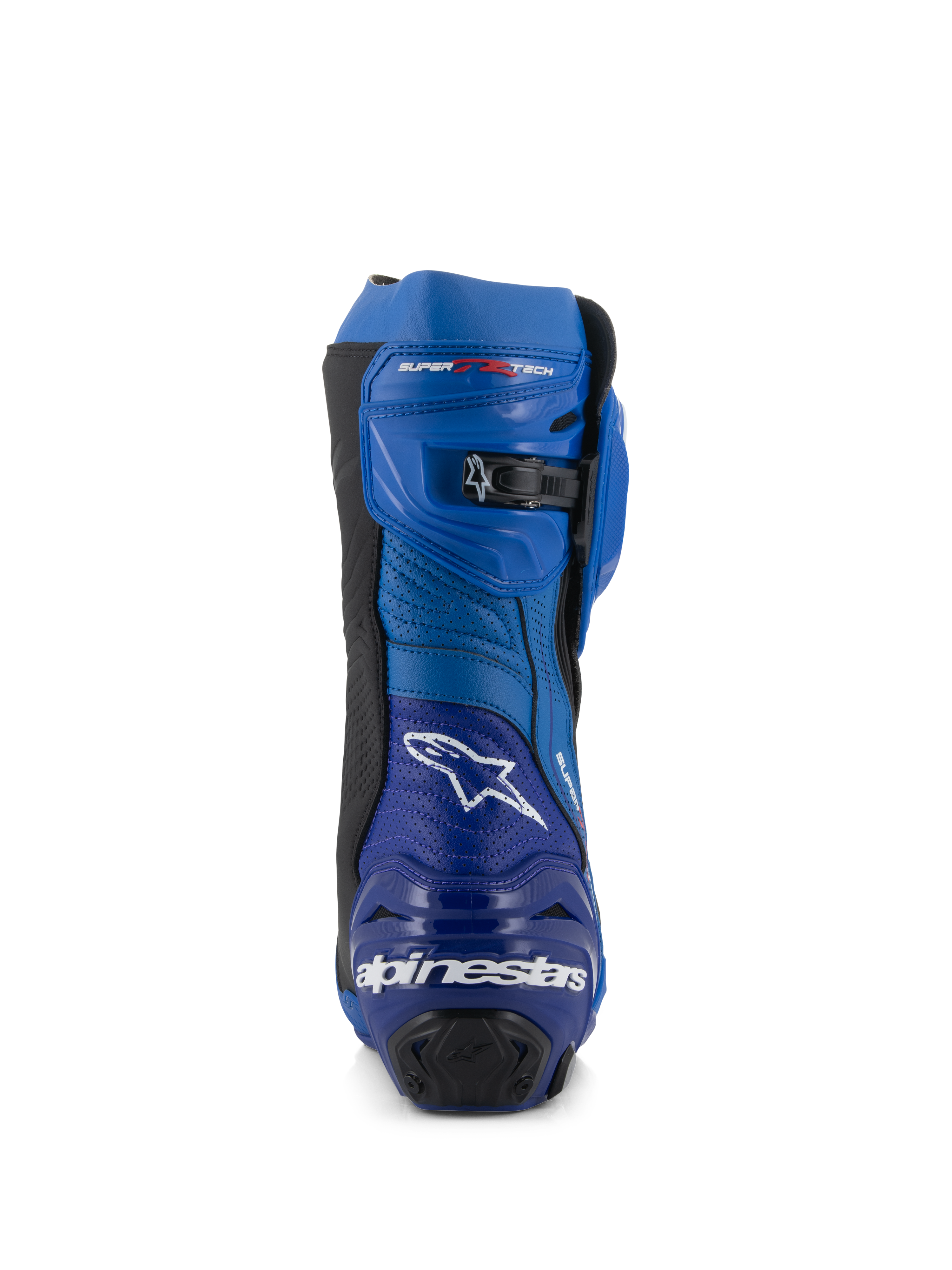 Alpinestars Supertech R Vented Boots, Racing Motorcycle Boots, Blue and Black, rear view featuring the Alpinestars logo and text on the heel, perforated microfiber panels, and a micro-adjustable ratchet closure at the top.