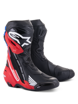 Alpinestars Honda Supertech R Boots, Motorcycle Racing Boots, Black Bright Red and Blue, featuring TPU shin guards, Honda branding, and advanced aerodynamic design for track and road performance.