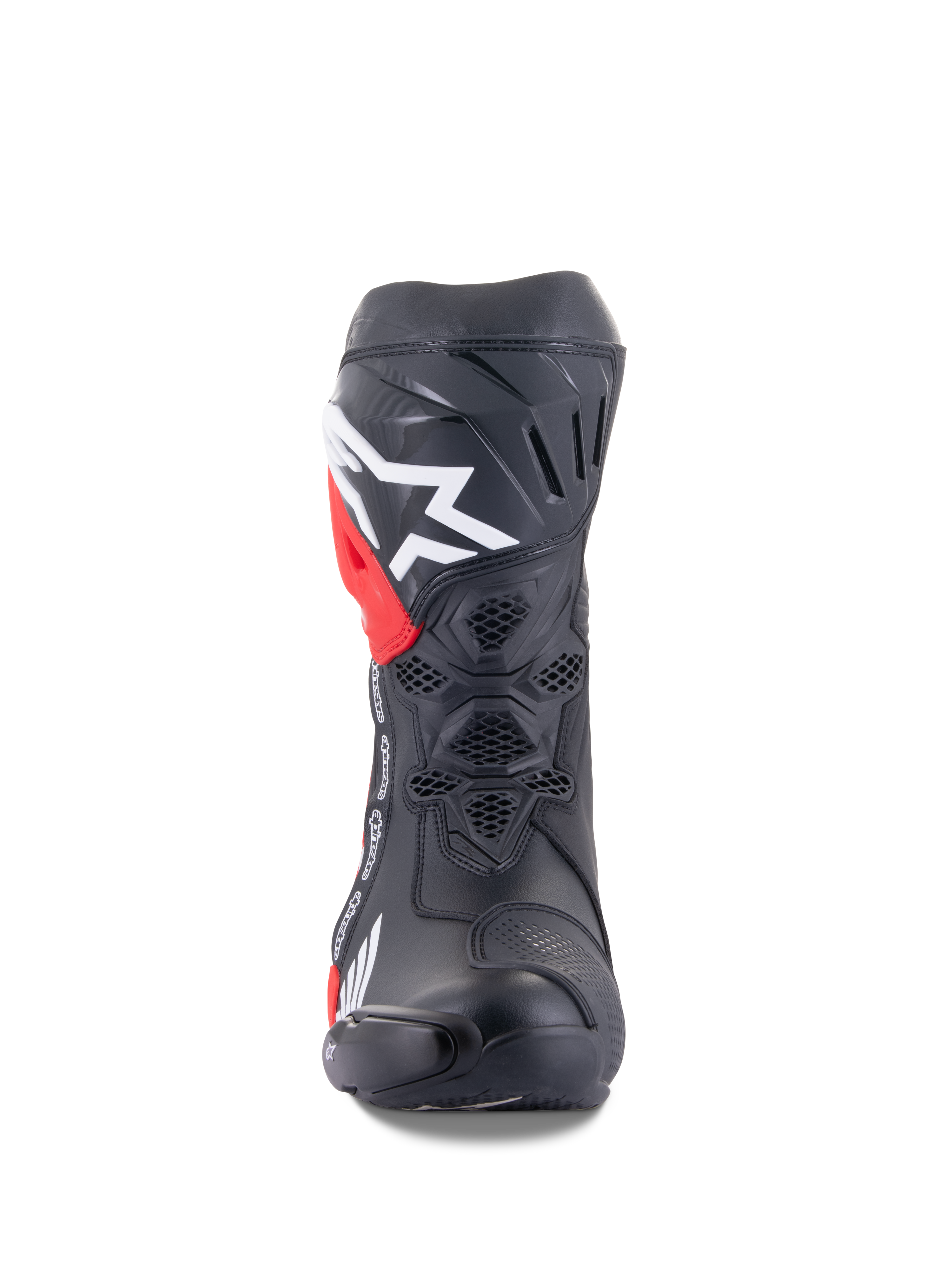 Bottes Alpinestars Honda Supertech R, bottes de course moto, noir avec accents rouges et blancs, vue de face montrant la ventilation en maille nid d'abeille, grand logo blanc sur le tibia, construction en microfibre haute performance