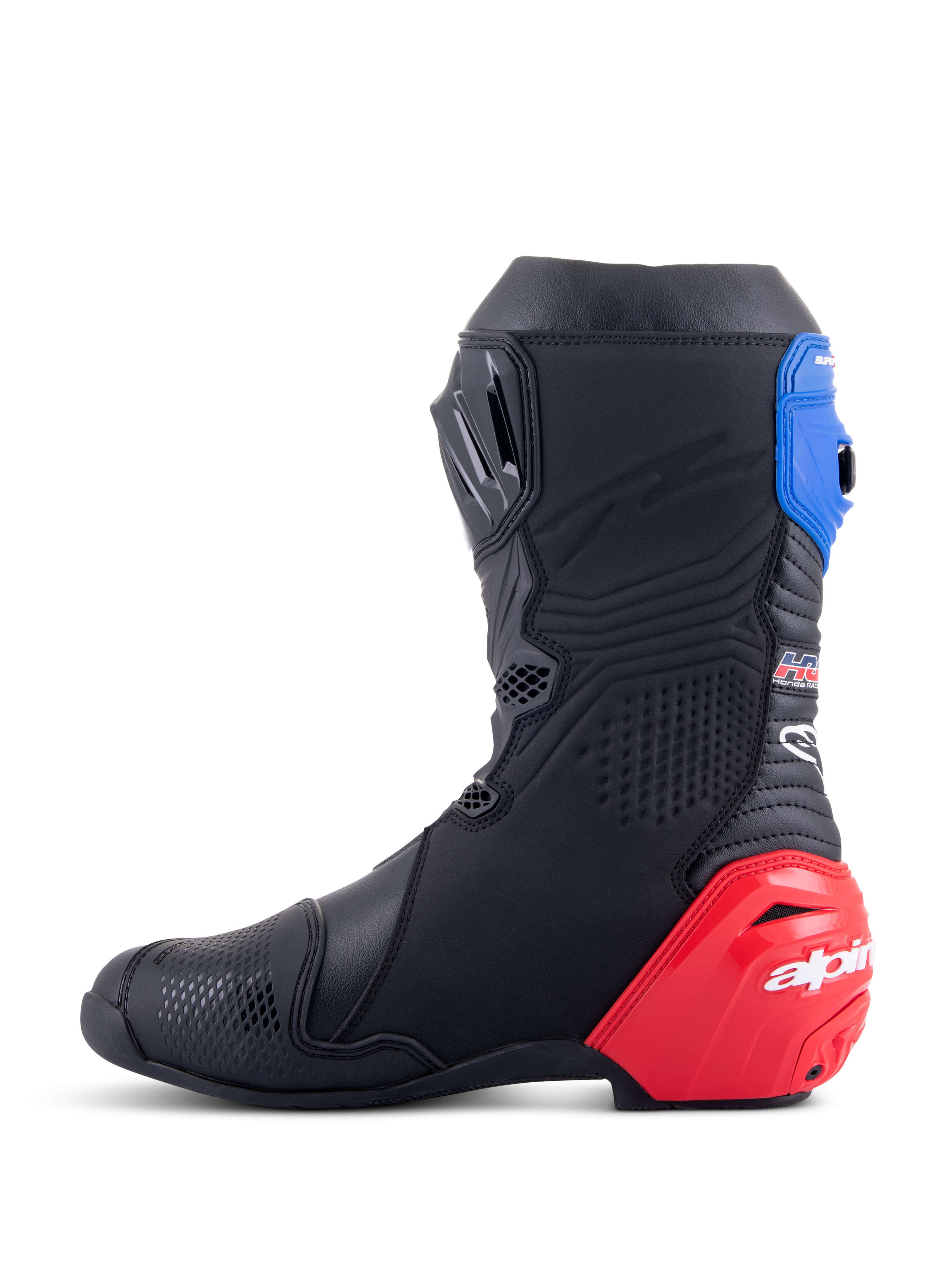 Bottes Honda Supertech R Alpinestars, bottes de moto de course, noir avec des accents rouge vif et bleu, dotées d'un slider de talon en TPU rouge proéminent, d'une guêtre supérieure bleue et du logo Alpinestars, conception technique pour la performance professionnelle sur piste et sur route.