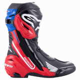 Alpinestars Honda Supertech R Boots, Professional Motorcycle Racing Boots, Black Bright Red Blue, side profile featuring prominent white Honda and Alpinestars branding, TPU protective shin plate, and replaceable toe and heel sliders.