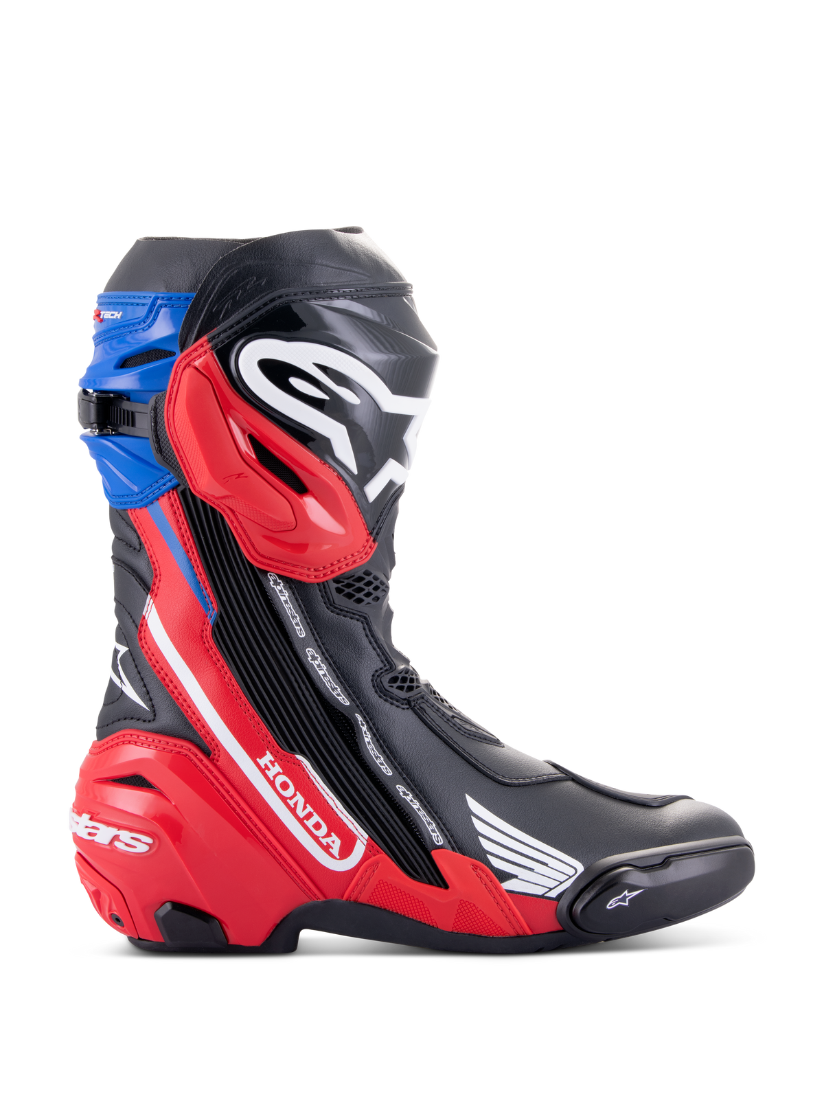 Bottes Alpinestars Honda Supertech R, bottes de moto de course, noir, rouge vif et bleu, avec logo Honda blanc sur le panneau latéral rouge, logo Alpinestars sur le tibia, guêtre supérieure bleue, design aérodynamique et protection TPU avancée