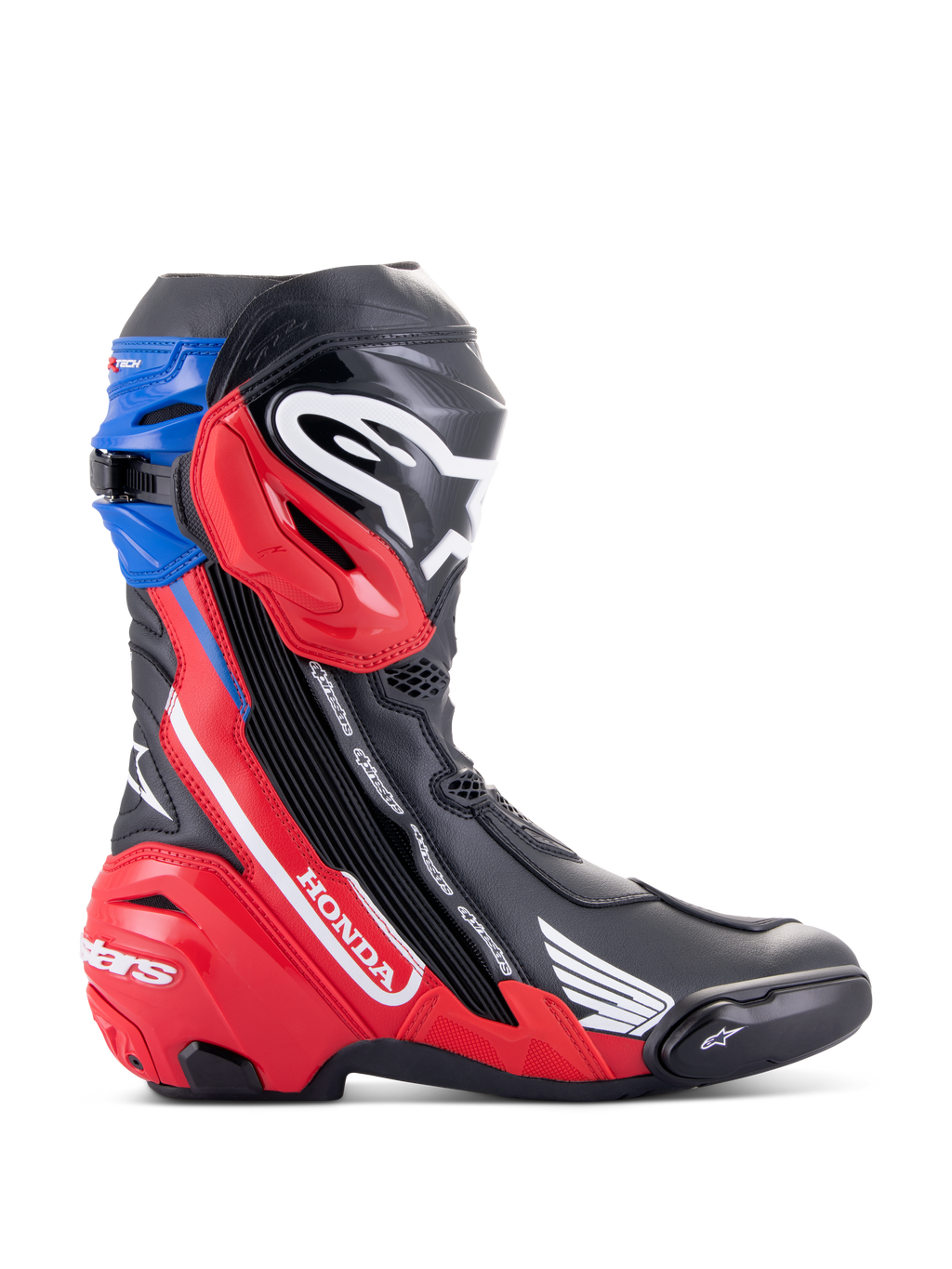 Bottes Alpinestars Honda Supertech R, bottes de moto de course, noir, rouge vif et bleu, avec logo Honda blanc sur le panneau latéral rouge, logo Alpinestars sur le tibia, guêtre supérieure bleue, design aérodynamique et protection TPU avancée