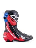Bottes Alpinestars Honda Supertech R, bottes de moto de course, noir, rouge vif et bleu, avec logo Honda blanc sur le panneau latéral rouge, logo Alpinestars sur le tibia, guêtre supérieure bleue, design aérodynamique et protection TPU avancée