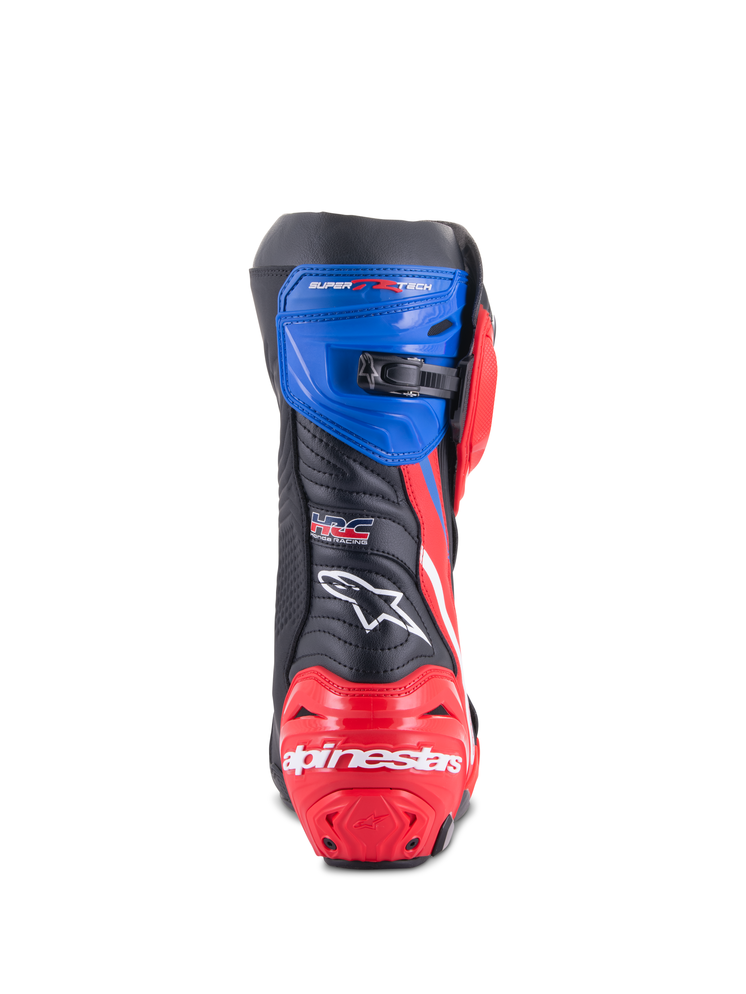 Bottes Alpinestars Honda Supertech R, bottes de course moto, noir, rouge vif et bleu, vue arrière avec talon renforcé rouge et marquage blanc, guêtre supérieure bleue avec fermeture à cliquet micro-ajustable et logo HRC à l'arrière