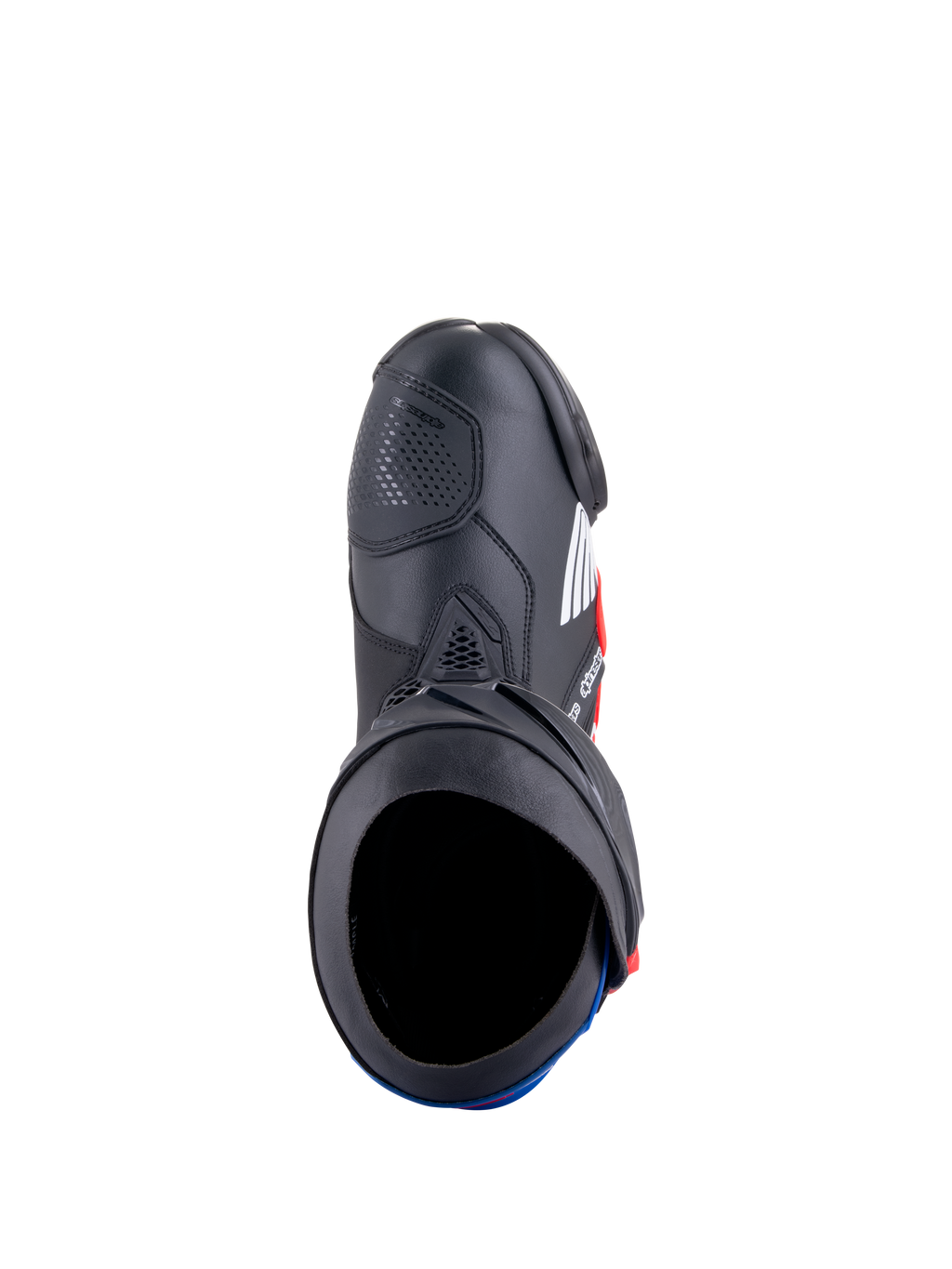 Bottes Alpinestars Honda Supertech R, bottes de course moto, noir, rouge vif et bleu, vue de dessus montrant l'ouverture de la botte et la construction en microfibre, avec plaques de protection en TPU et un design de course profilé