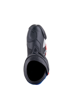 Bottes Alpinestars Honda Supertech R, bottes de course moto, noir, rouge vif et bleu, vue de dessus montrant l'ouverture de la botte et la construction en microfibre, avec plaques de protection en TPU et un design de course profilé