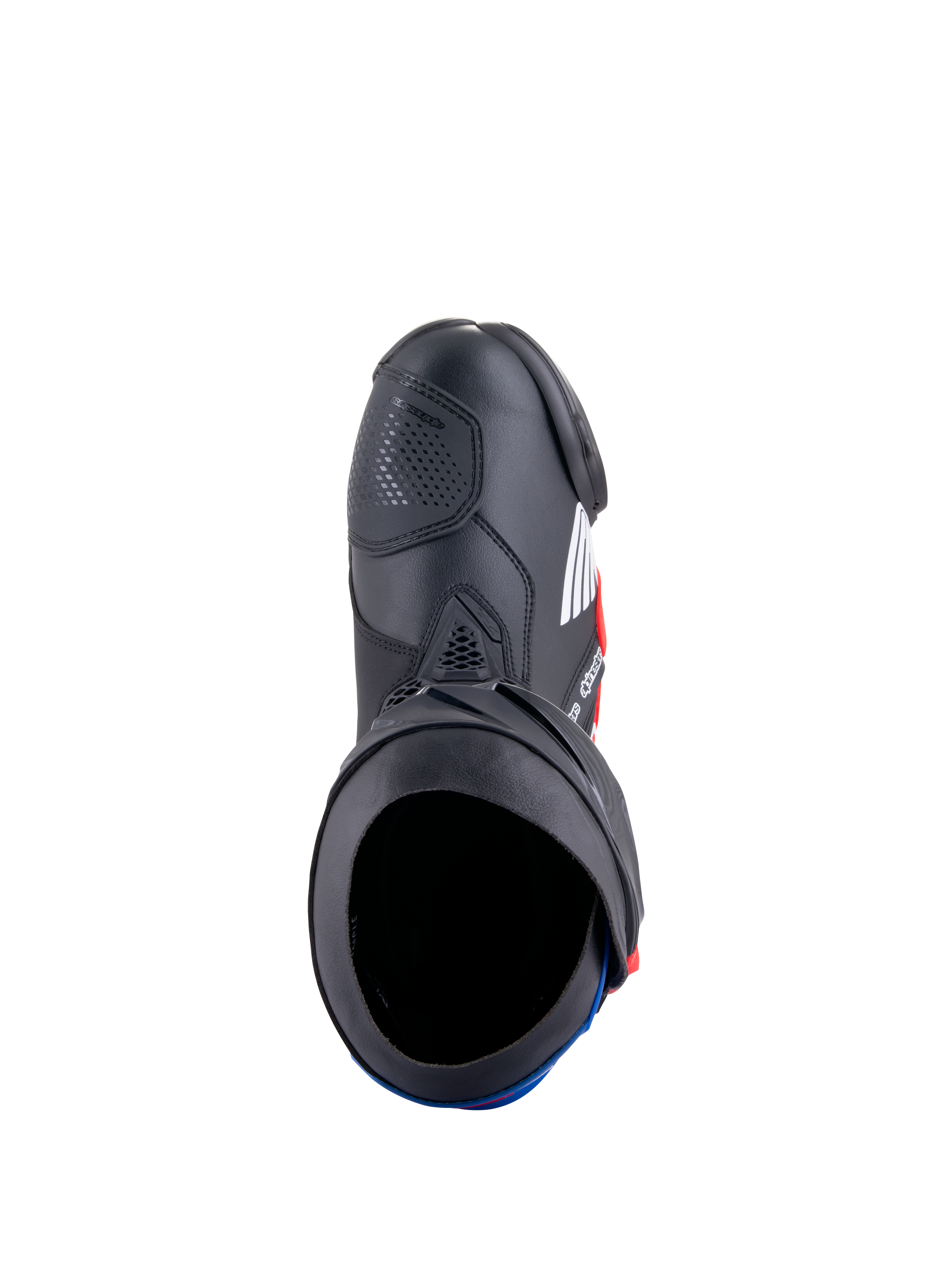 Bottes Alpinestars Honda Supertech R, bottes de course moto, noir, rouge vif et bleu, vue de dessus montrant l'ouverture de la botte et la construction en microfibre, avec plaques de protection en TPU et un design de course profilé