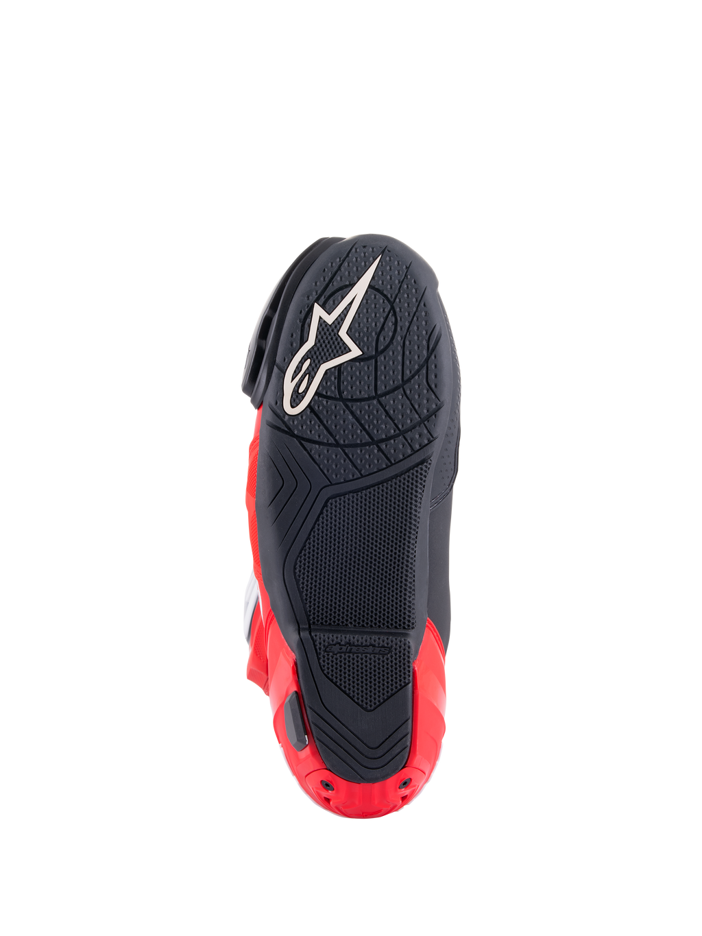 Bottes Alpinestars Honda Supertech R, vue de la semelle, noir et rouge vif, composé de caoutchouc texturé pour l'adhérence, logo Astar blanc sur l'avant-pied et curseur de plaque de talon rouge, équipement de moto de course haute performance.