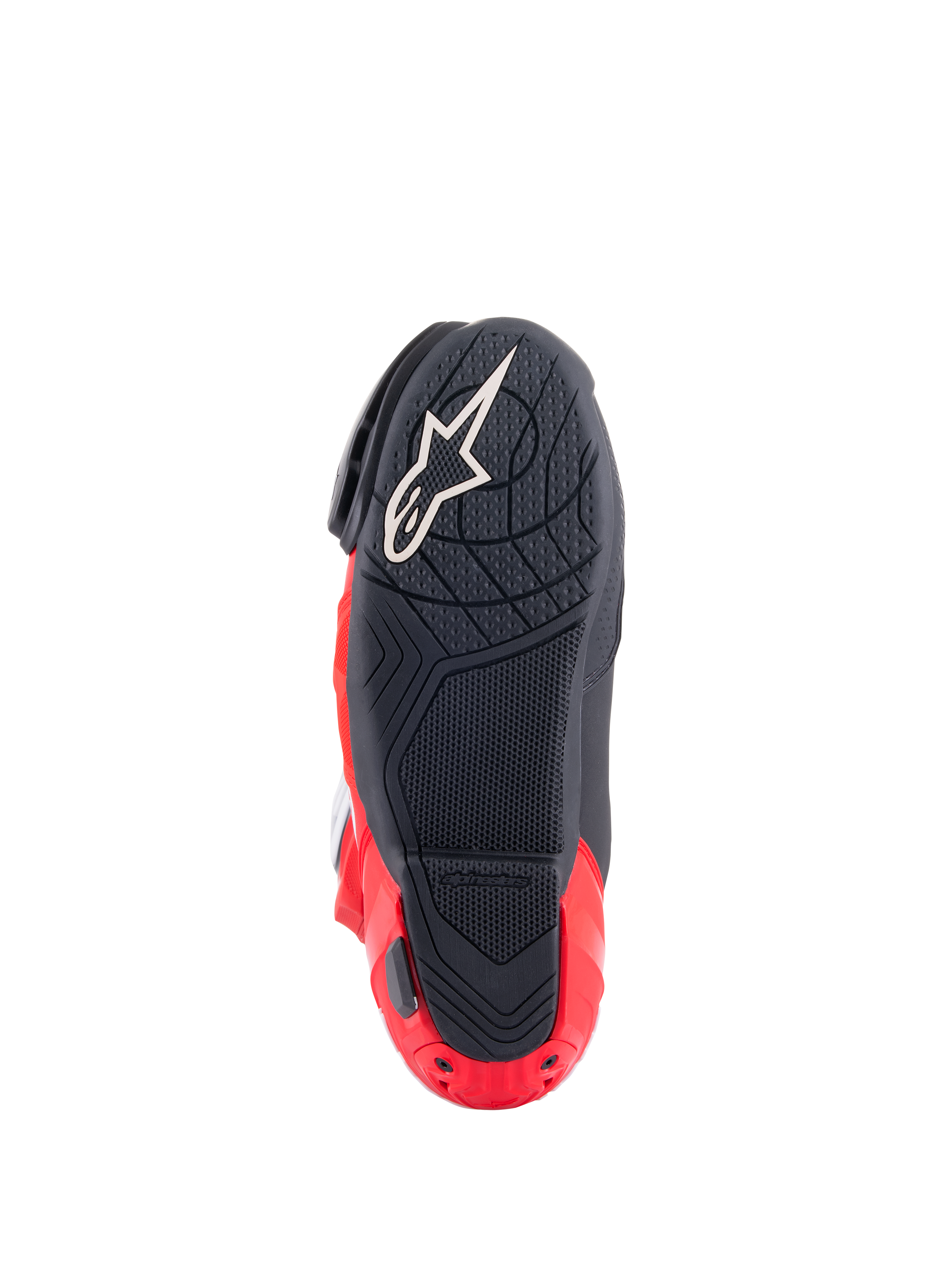 Bottes Alpinestars Honda Supertech R, vue de la semelle, noir et rouge vif, composé de caoutchouc texturé pour l'adhérence, logo Astar blanc sur l'avant-pied et curseur de plaque de talon rouge, équipement de moto de course haute performance.