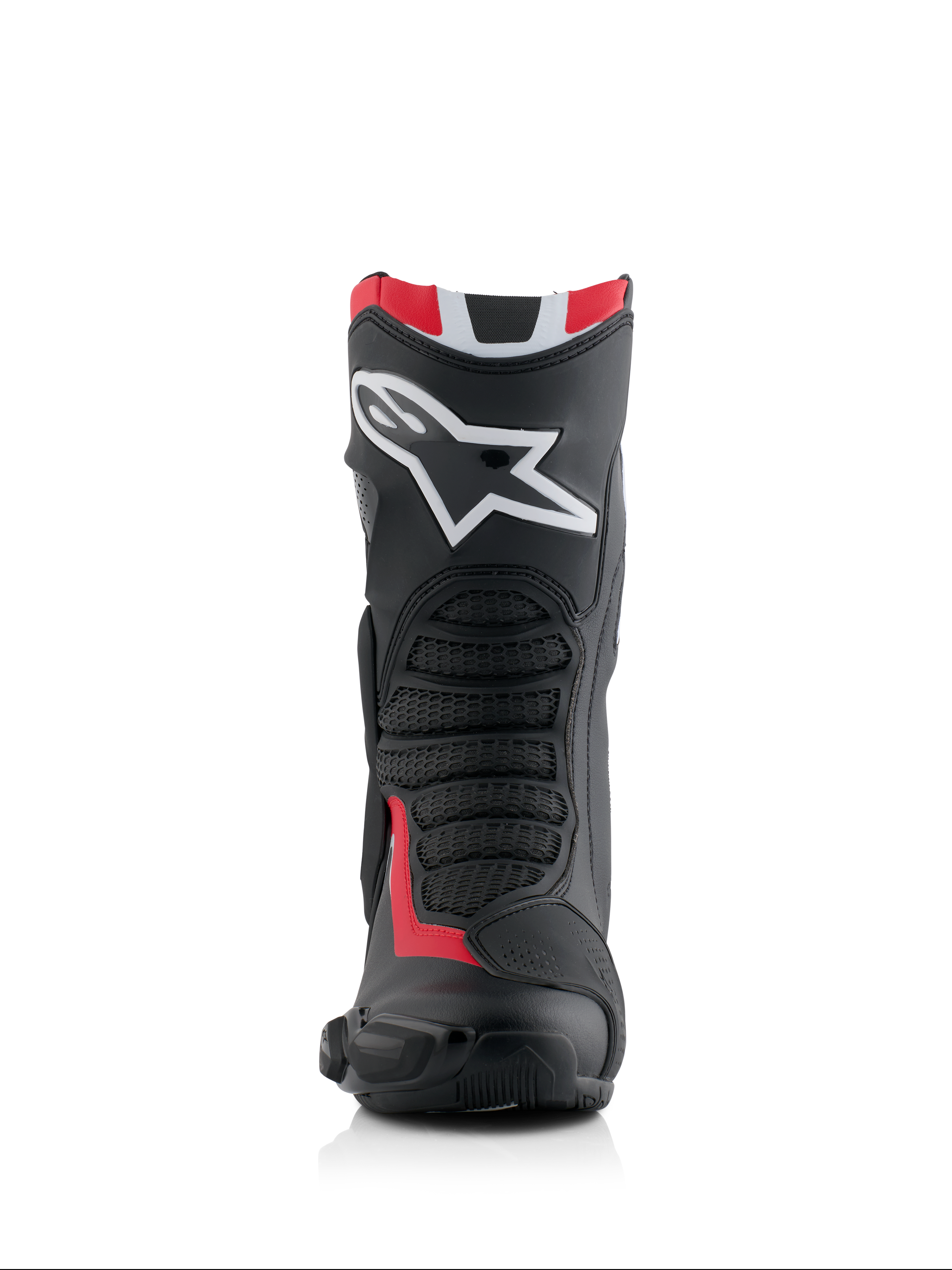 Bottes Alpinestars Honda SMX-6 V3, bottes de moto haute performance, noir, rouge vif et blanc, vue de face avec un grand logo Alpinestars blanc sur le tibia, des zones de flexion en maille texturée et un profil de protection aérodynamique