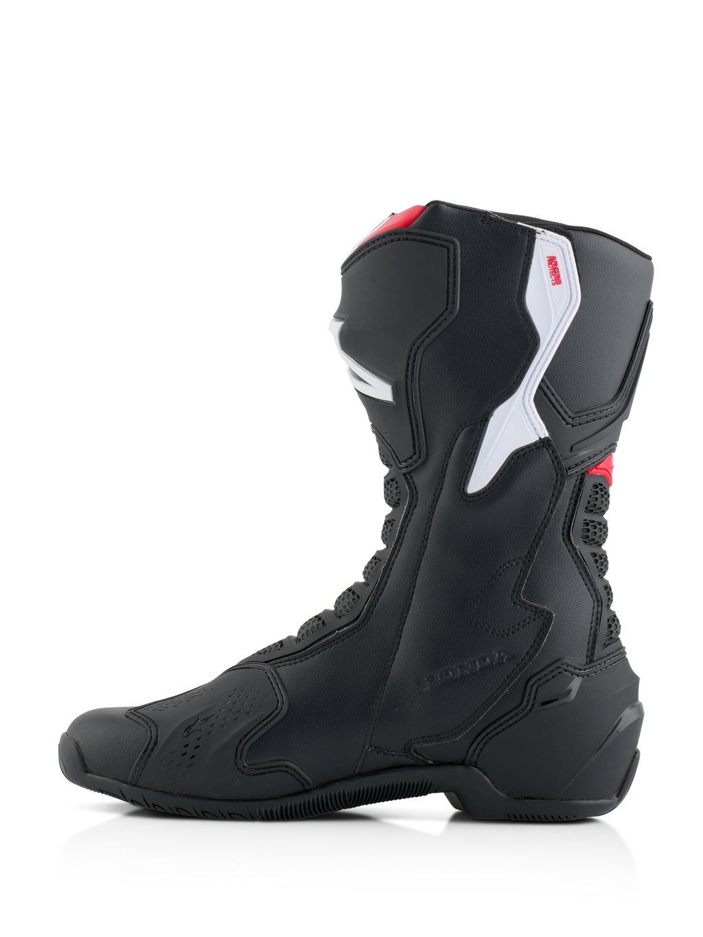 Bottes Alpinestars Honda SMX-6 V3, bottes de moto de performance, noires avec accents rouge vif et blanc, profil latéral interne, construction en microfibre durable, panneaux de protection en TPU et marquage Honda embossé