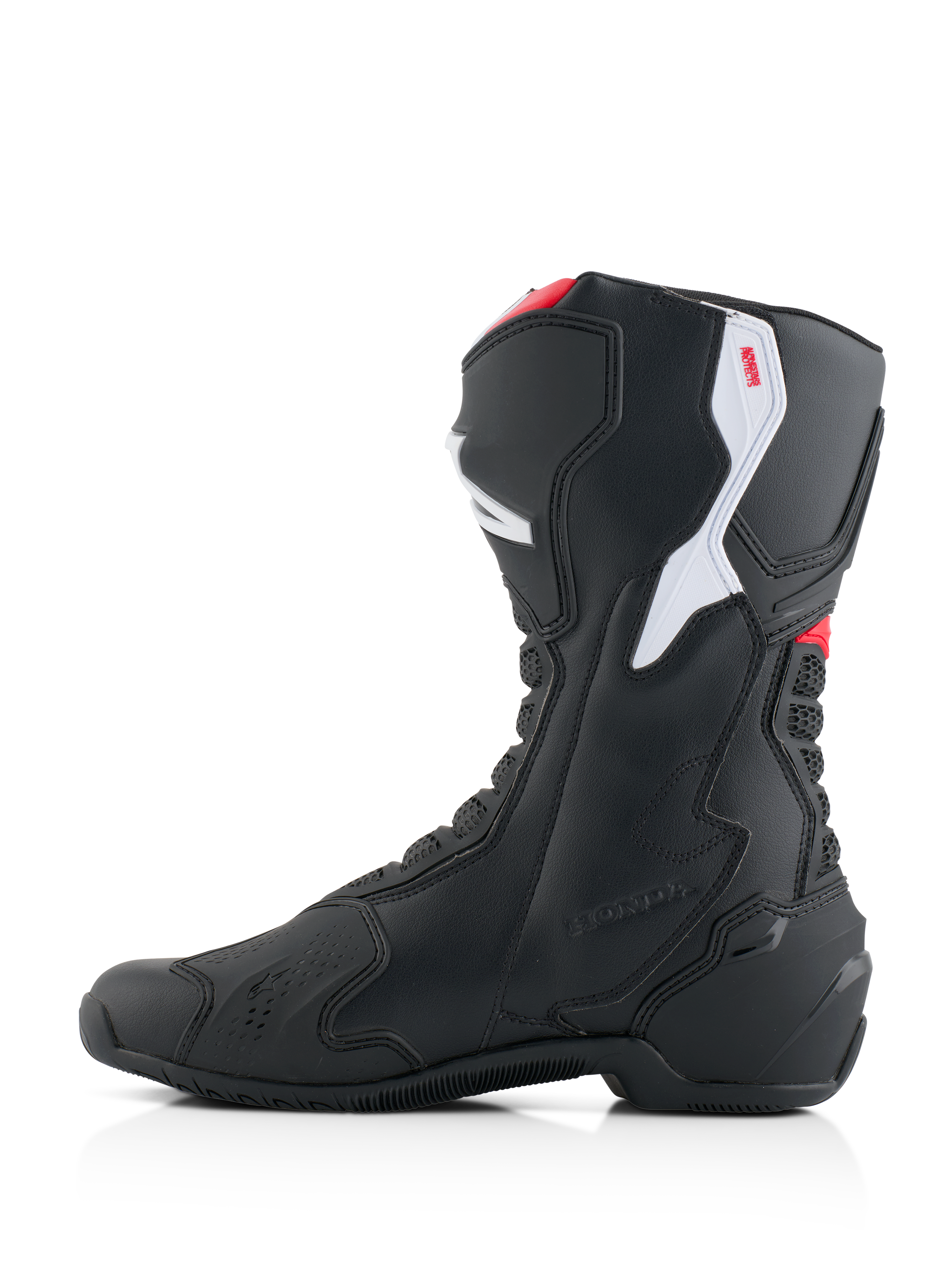 Bottes Alpinestars Honda SMX-6 V3, bottes de moto de performance, noires avec accents rouge vif et blanc, profil latéral interne, construction en microfibre durable, panneaux de protection en TPU et marquage Honda embossé