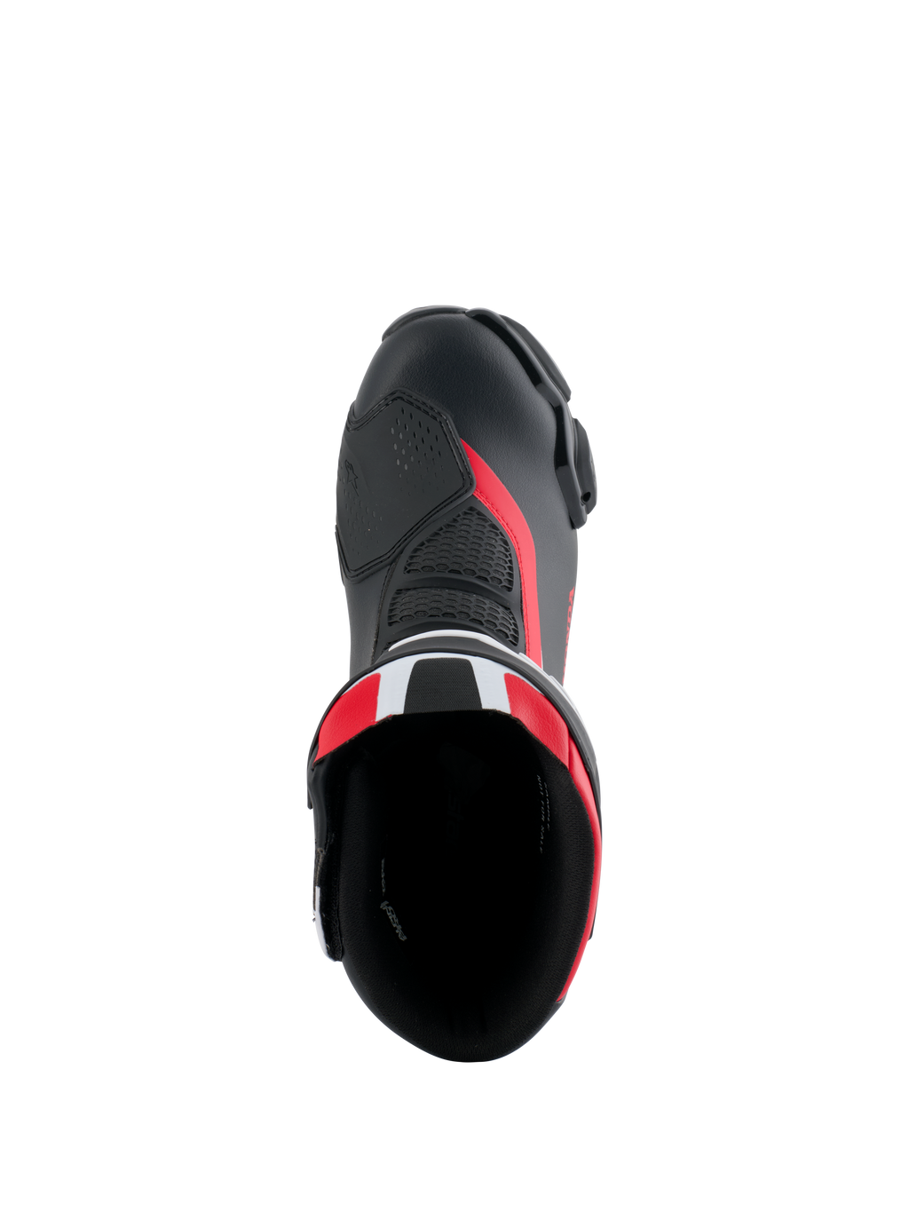 Bottes Alpinestars Honda SMX-6 V3, bottes de moto de performance, noir, rouge vif et blanc, vue de dessus de l'ouverture de la botte, tige en microfibre avec détails en mesh et accents rouges, design aérodynamique pour la piste et la route