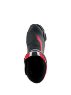 Bottes Alpinestars Honda SMX-6 V3, bottes de moto de performance, noir, rouge vif et blanc, vue de dessus de l'ouverture de la botte, tige en microfibre avec détails en mesh et accents rouges, design aérodynamique pour la piste et la route
