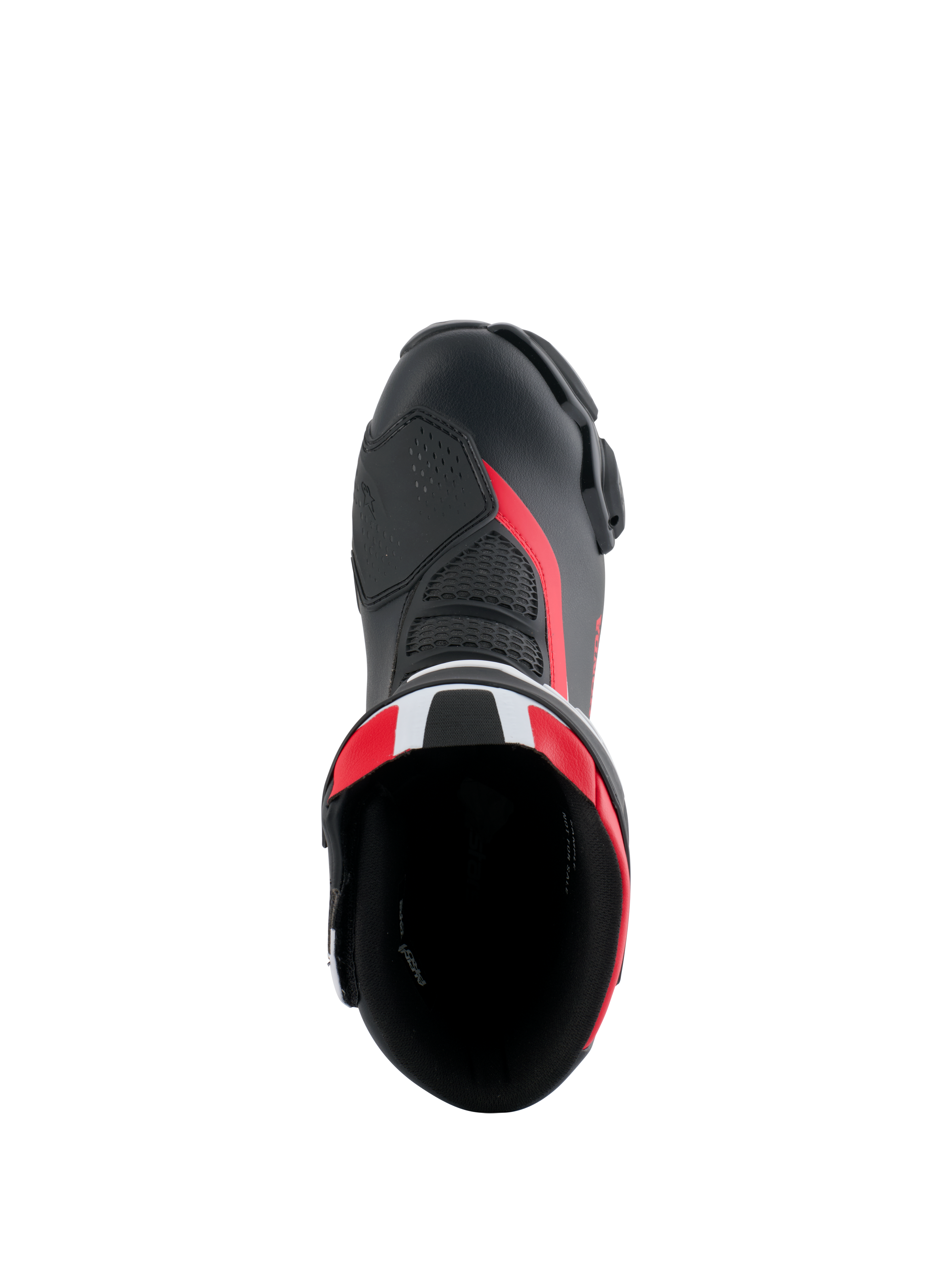 Bottes Alpinestars Honda SMX-6 V3, bottes de moto de performance, noir, rouge vif et blanc, vue de dessus de l'ouverture de la botte, tige en microfibre avec détails en mesh et accents rouges, design aérodynamique pour la piste et la route