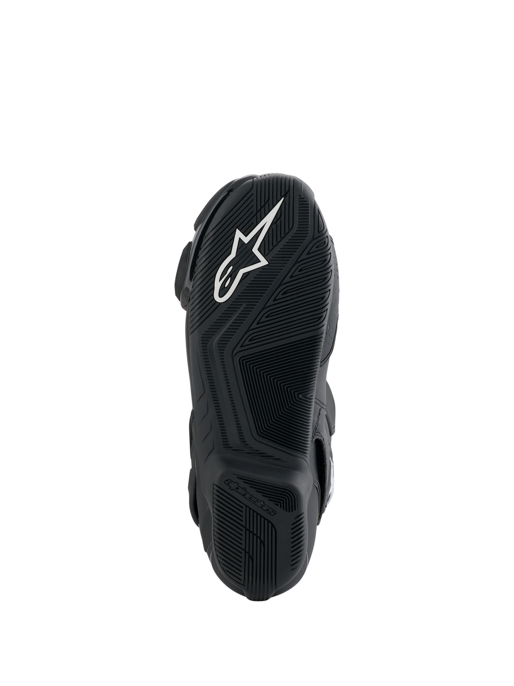 Bottes Alpinestars Honda SMX-6 V3, vue de la semelle, semelle extérieure en caoutchouc noir avec logo Alpinestars blanc, design texturé adhérent pour une précision sur les commandes de la moto