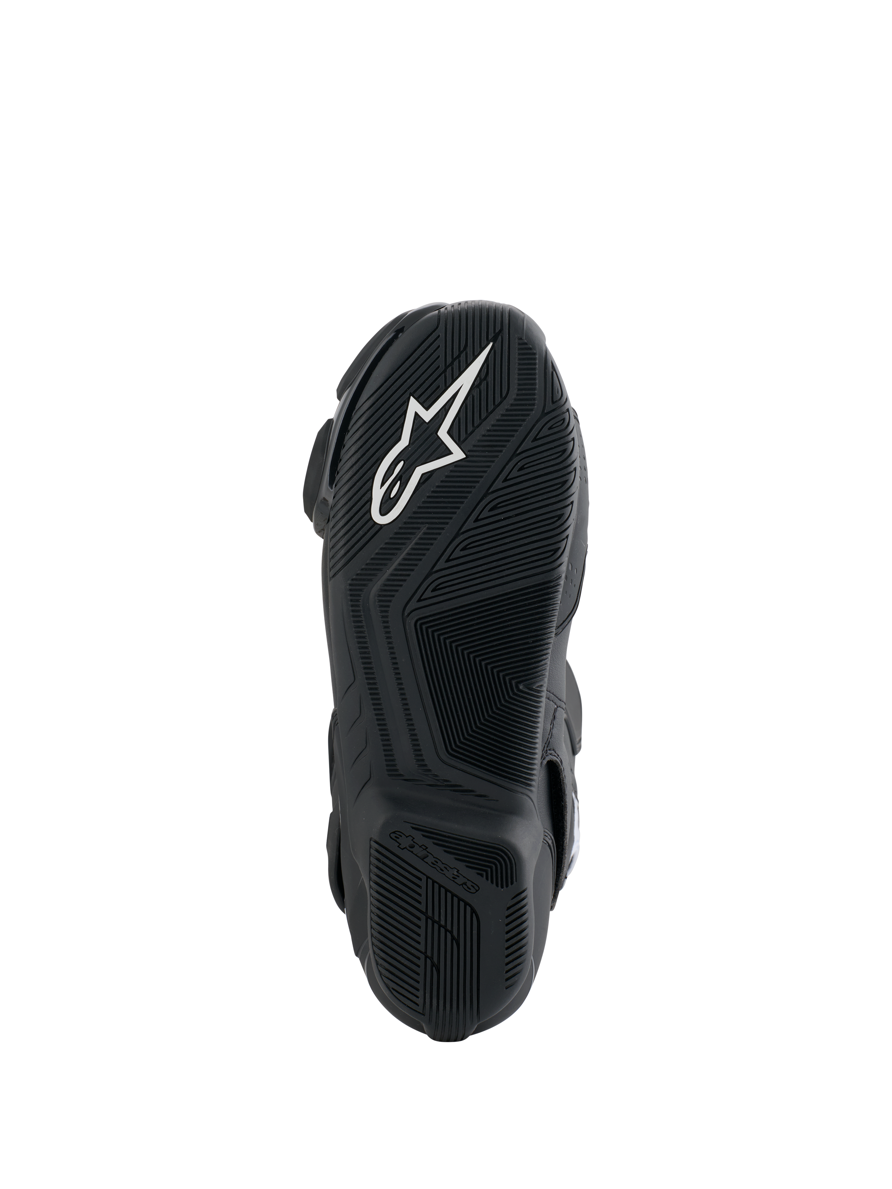 Bottes Alpinestars Honda SMX-6 V3, vue de la semelle, semelle extérieure en caoutchouc noir avec logo Alpinestars blanc, design texturé adhérent pour une précision sur les commandes de la moto