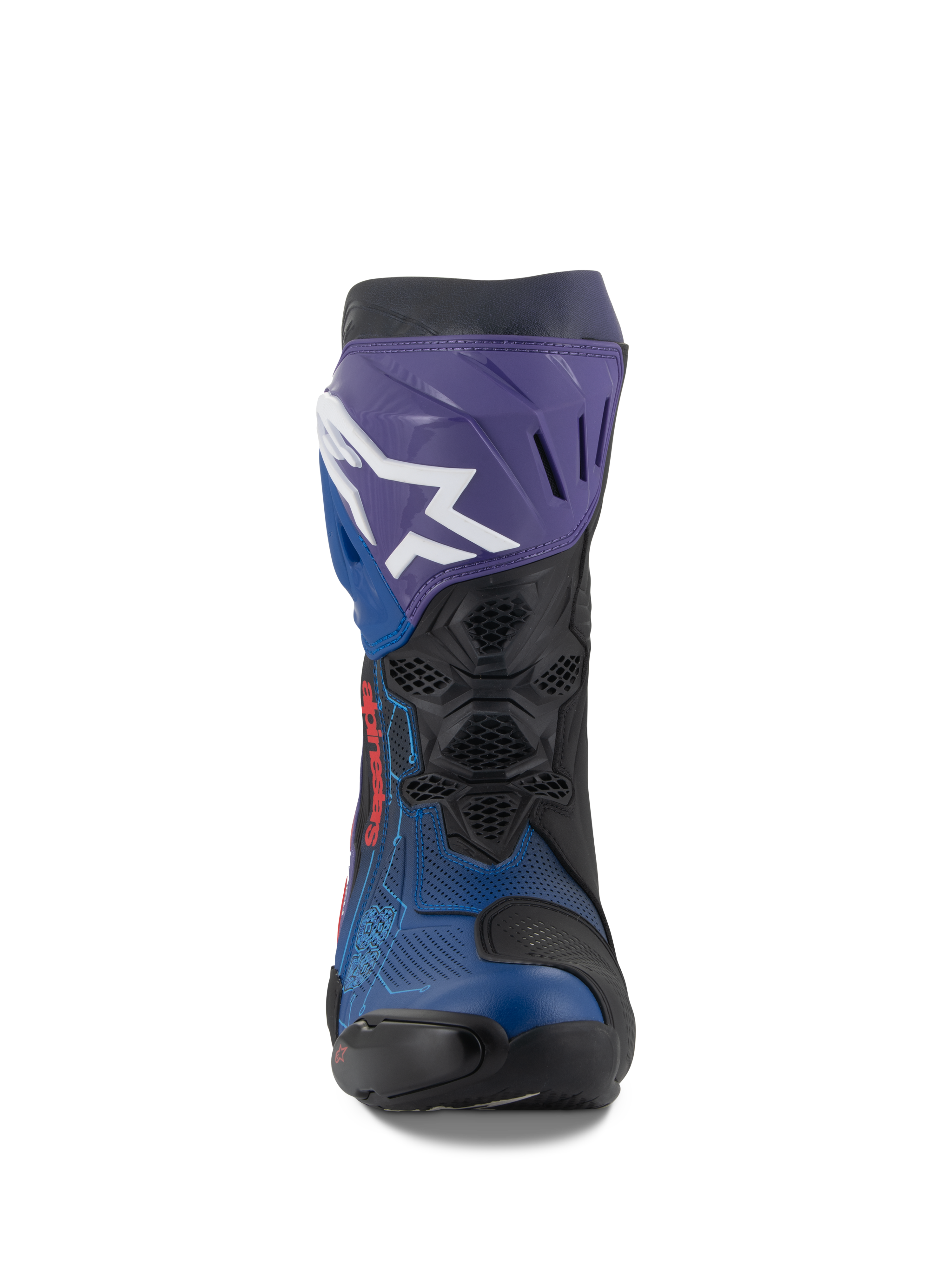 Alpinestars Supertech R LE Martinator R01 Vented Boots, Racing Motorcycle Boots, Blue, Purple, Red and Black, front view featuring a white Alpinestars logo on the purple shin plate, perforated microfiber upper for maximum airflow, technical high-performance racing design