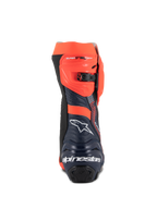 Alpinestars Supertech R Vented MM93 Replica Boots, Motorcycle Racing Boots, Red Fluo Dark Blue and Black, rear view featuring the white Alpinestars logo on the heel and red fluo adjustable ratchet closure, perforated microfiber design for high airflow
