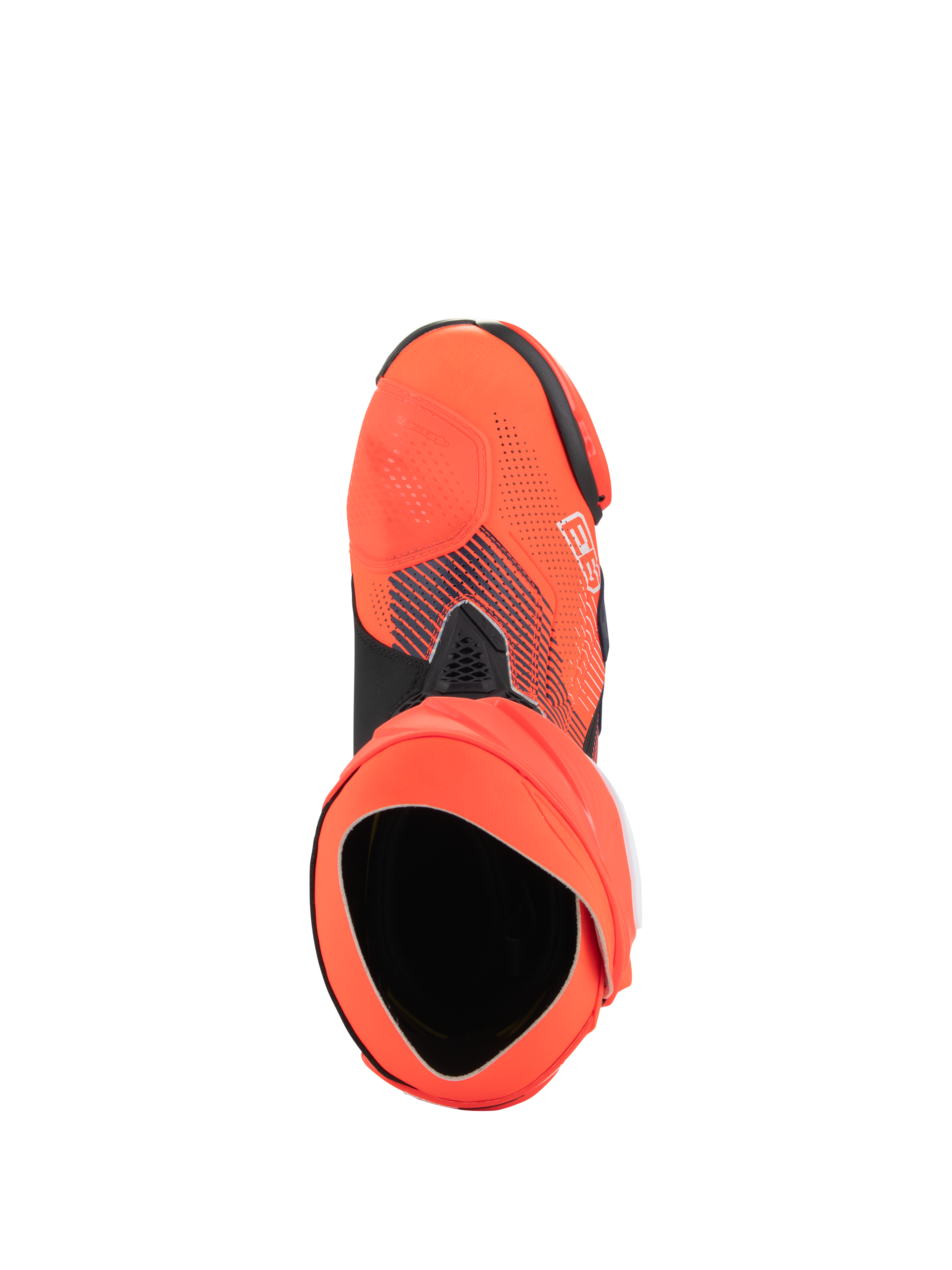 Alpinestars Supertech R Vented MM93 Replica Boots, high-performance motorcycle racing boots, Red Fluo and Dark Blue, top-down view showing the opening and inner bootie structure, perforated microfiber upper with Marc Márquez signature graphics