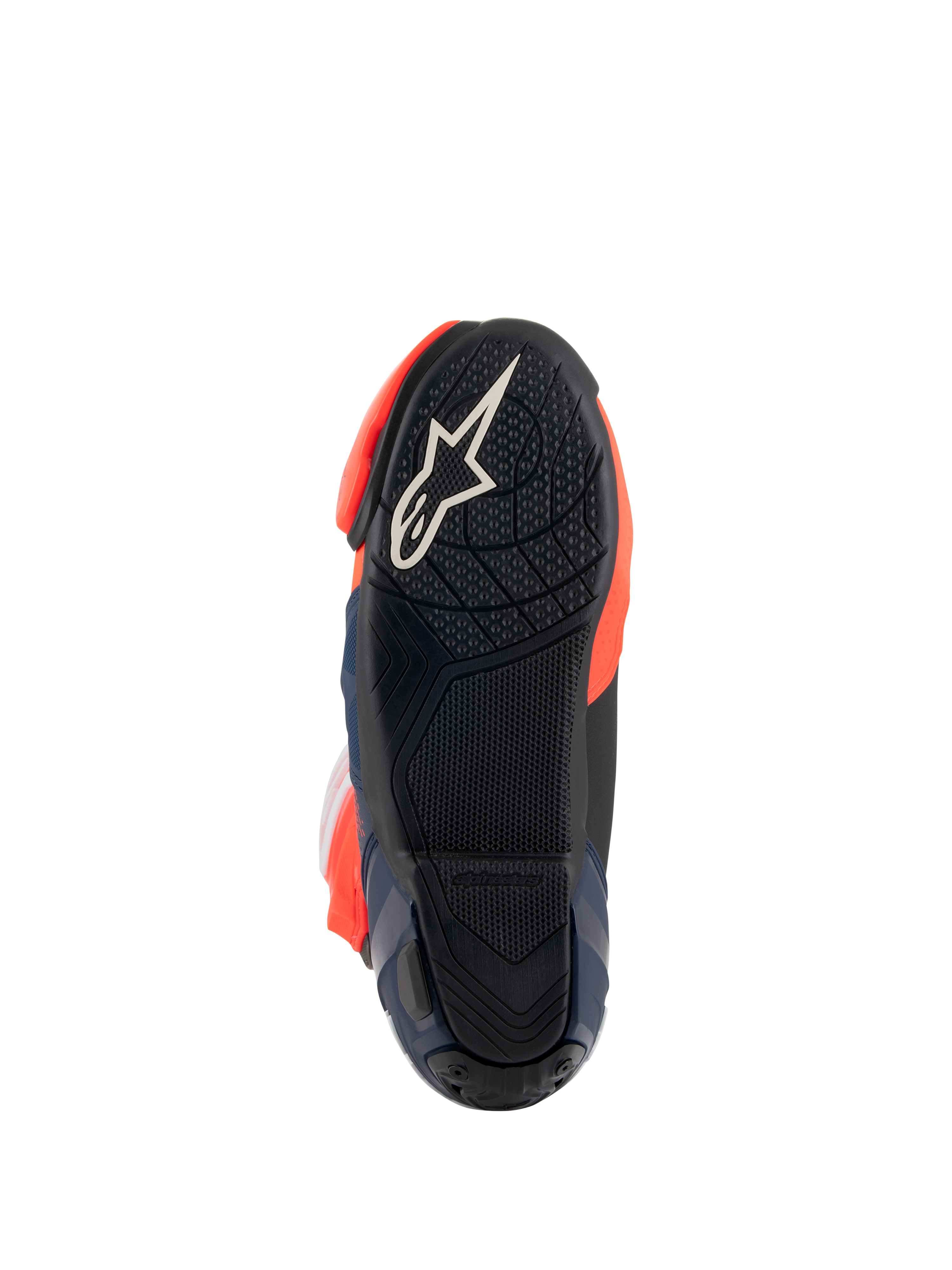 Alpinestars Supertech R Vented MM93 Replica Boots, sole view showing black rubber outsole with white star logo, textured grip pattern for footpegs, and red fluo and dark blue accents, racing performance footwear design