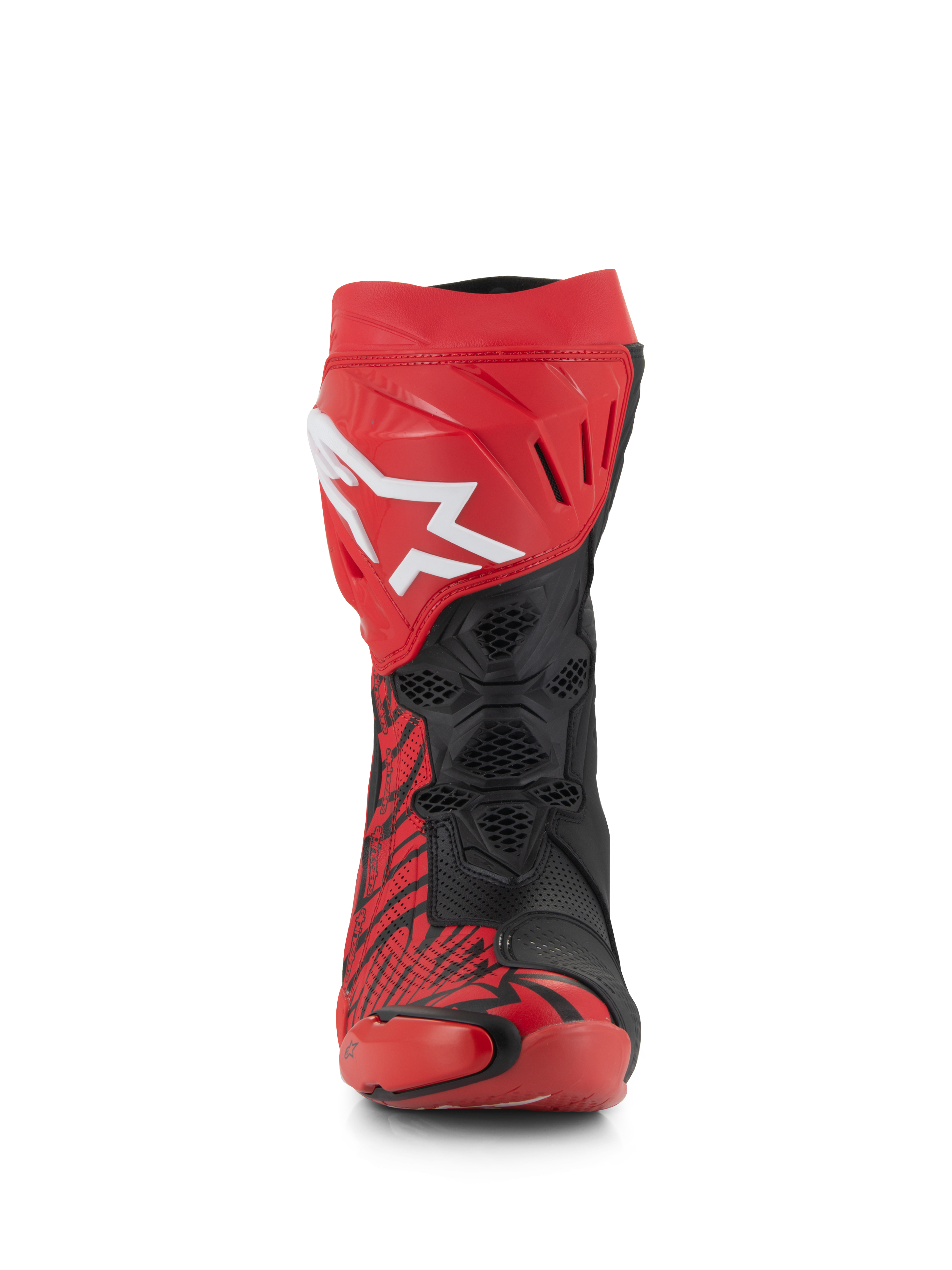 Alpinestars Supertech R LE Pecco Bagnaia Vented Boots, Red and Black racing boots, front view, featuring a large white Alpinestars logo on the red shin plate, black perforated mesh zones for maximum airflow, and bold red and black graphic patterns.