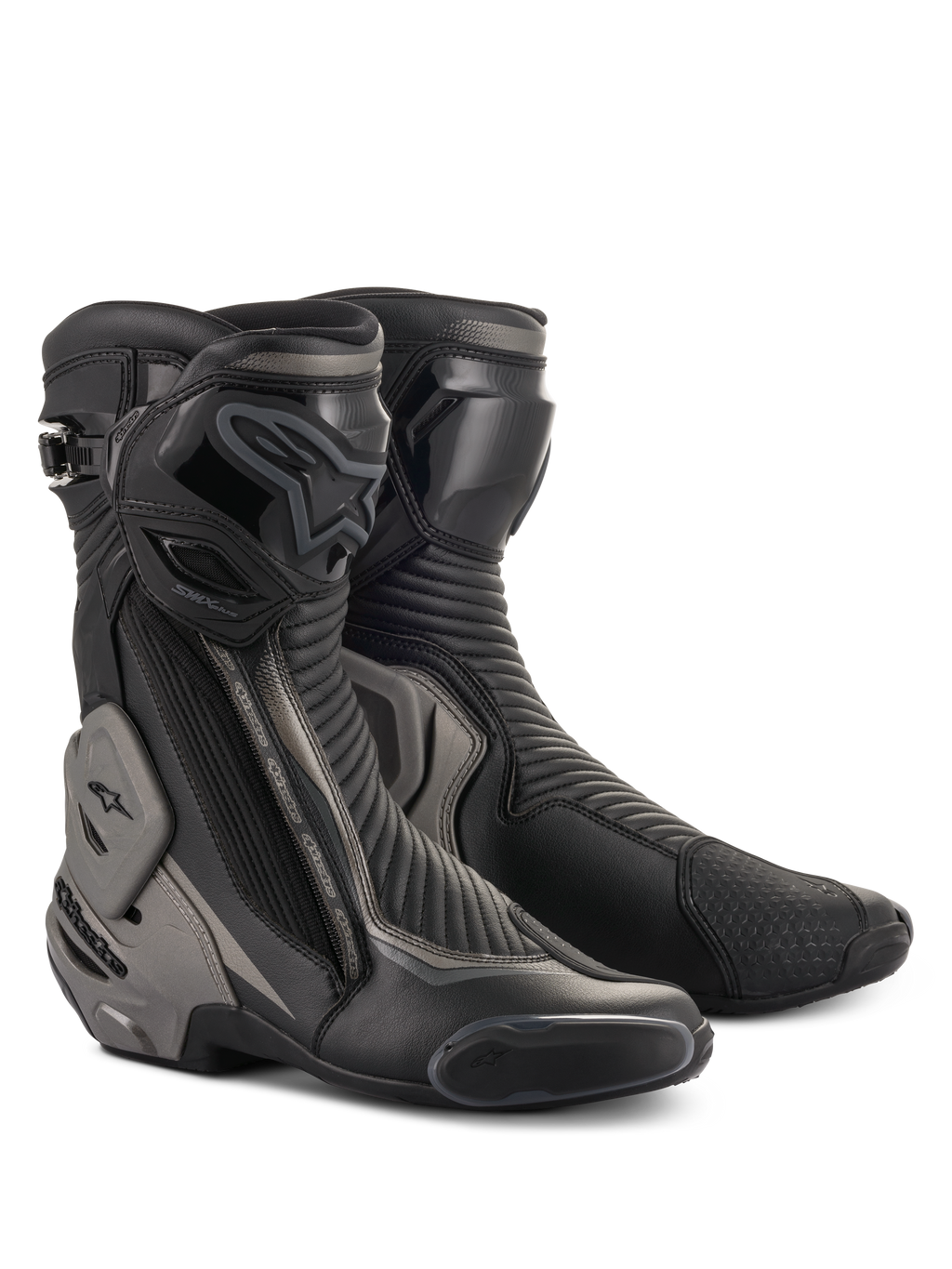 Bottes Alpinestars SMX Plus V2, bottes de moto de course et de sport, noir et gris foncé, dotées de la protection de cheville avancée Multi-Link Control, d'une plaque de tibia en TPU et de sliders remplaçables, construction profilée en microfibre pour la conduite sur route