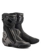 Bottes Alpinestars SMX Plus V2, bottes de moto de course et de sport, noir et gris foncé, dotées de la protection de cheville avancée Multi-Link Control, d'une plaque de tibia en TPU et de sliders remplaçables, construction profilée en microfibre pour la conduite sur route