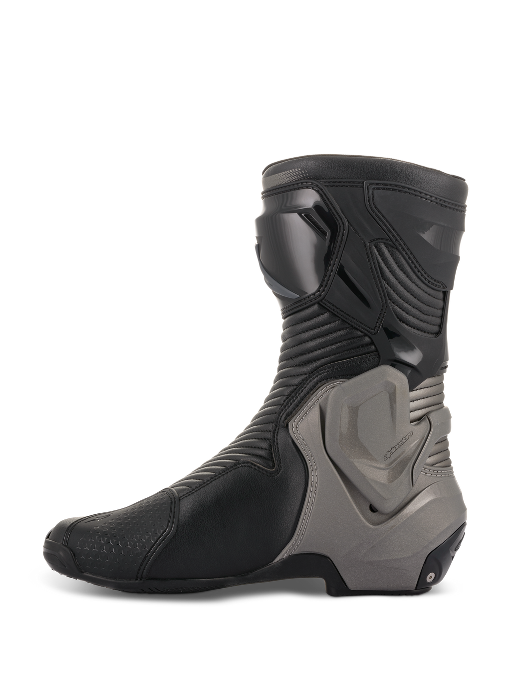 Bottes Alpinestars SMX Plus V2, bottes de course moto, noir et gris foncé, profil latéral montrant la tige en microfibre avec zones flexibles en accordéon et système de protection de la cheville Multi-Link Control gris