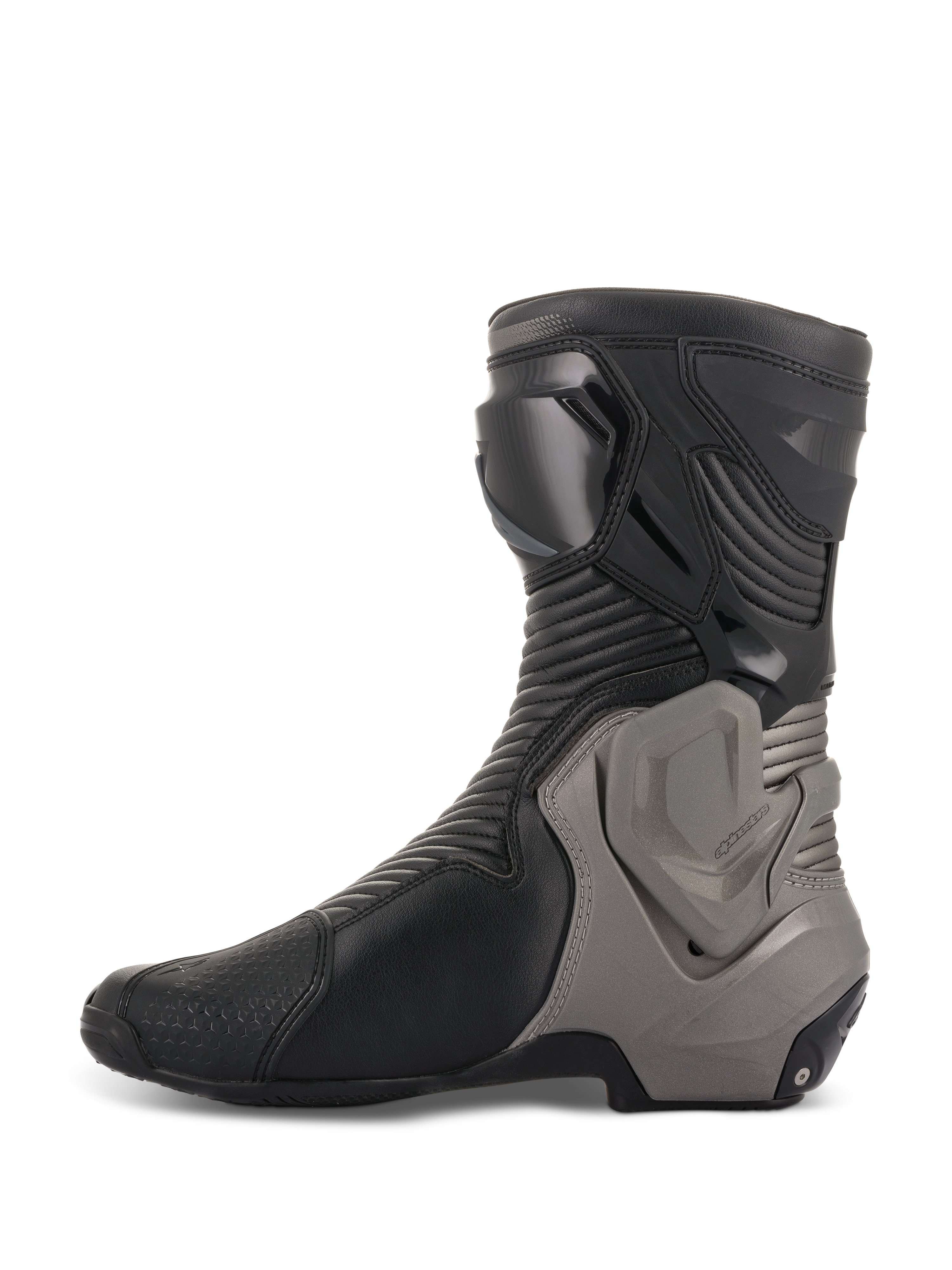 Bottes Alpinestars SMX Plus V2, bottes de course moto, noir et gris foncé, profil latéral montrant la tige en microfibre avec zones flexibles en accordéon et système de protection de la cheville Multi-Link Control gris