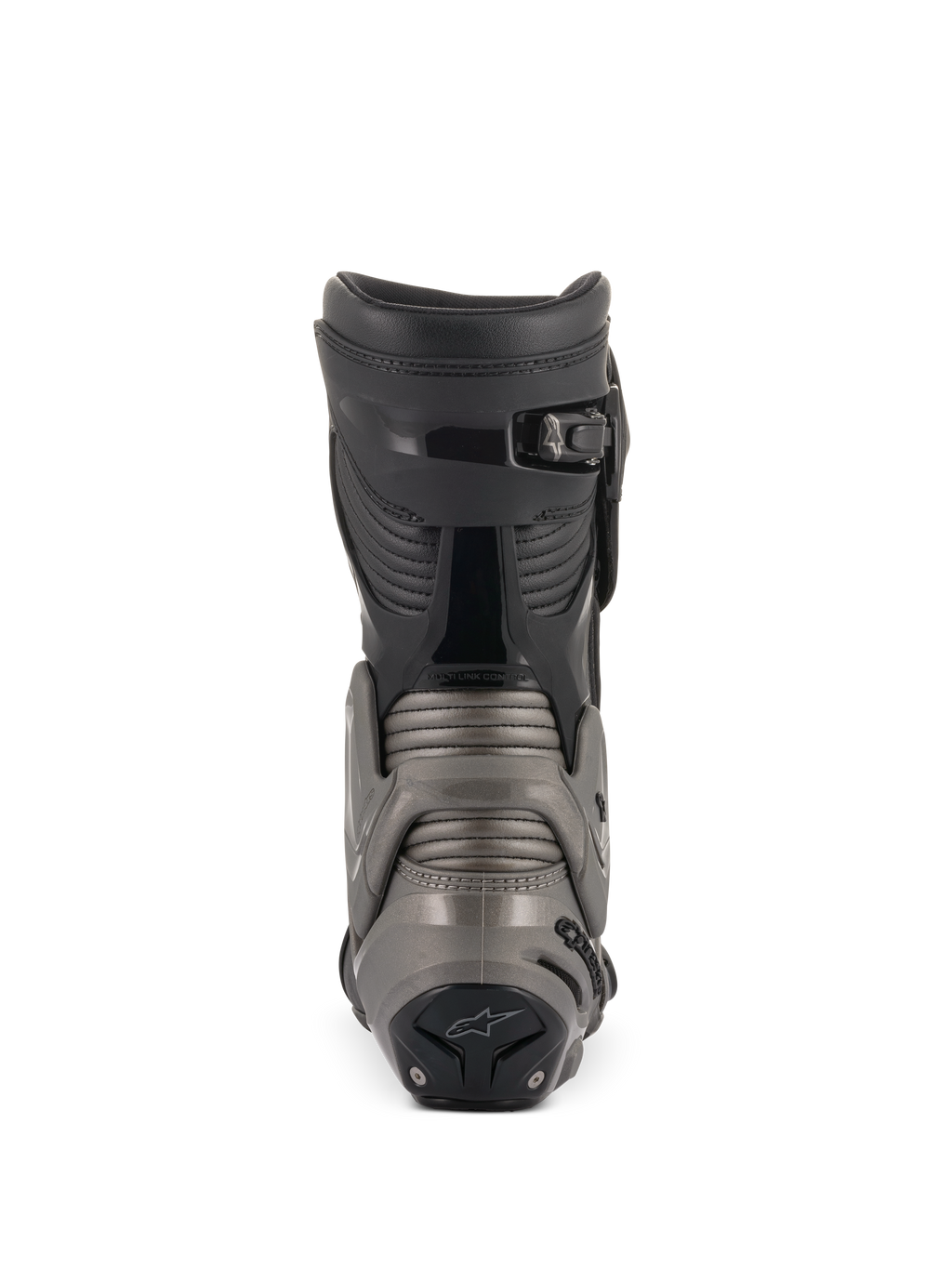 Bottes Alpinestars SMX Plus V2, noir et gris foncé, vue arrière montrant le système Multi-Link Control, les panneaux en accordéon au niveau du tendon d'Achille et la fermeture supérieure à cliquet micro-ajustable pour une protection moto avancée.