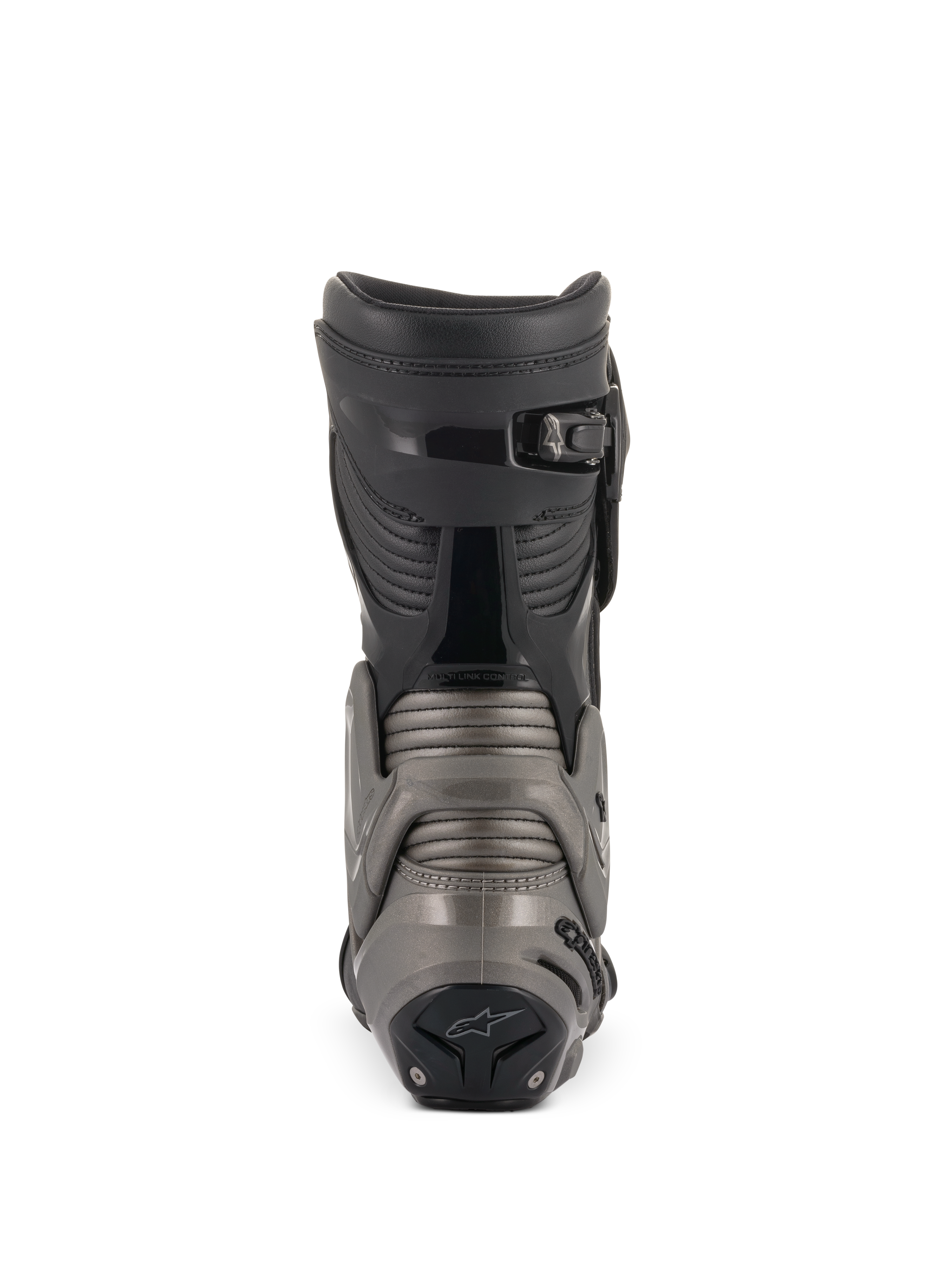 Bottes Alpinestars SMX Plus V2, noir et gris foncé, vue arrière montrant le système Multi-Link Control, les panneaux en accordéon au niveau du tendon d'Achille et la fermeture supérieure à cliquet micro-ajustable pour une protection moto avancée.