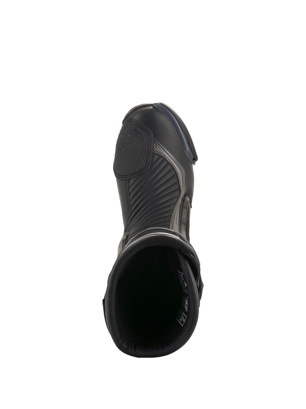 Bottes Alpinestars SMX Plus V2, noir et gris foncé, vue de dessus d'une seule botte de moto de course, avec renfort de sélecteur texturé, zones de flexion en accordéon et design à ouverture supérieure, chaussures de performance pour la route