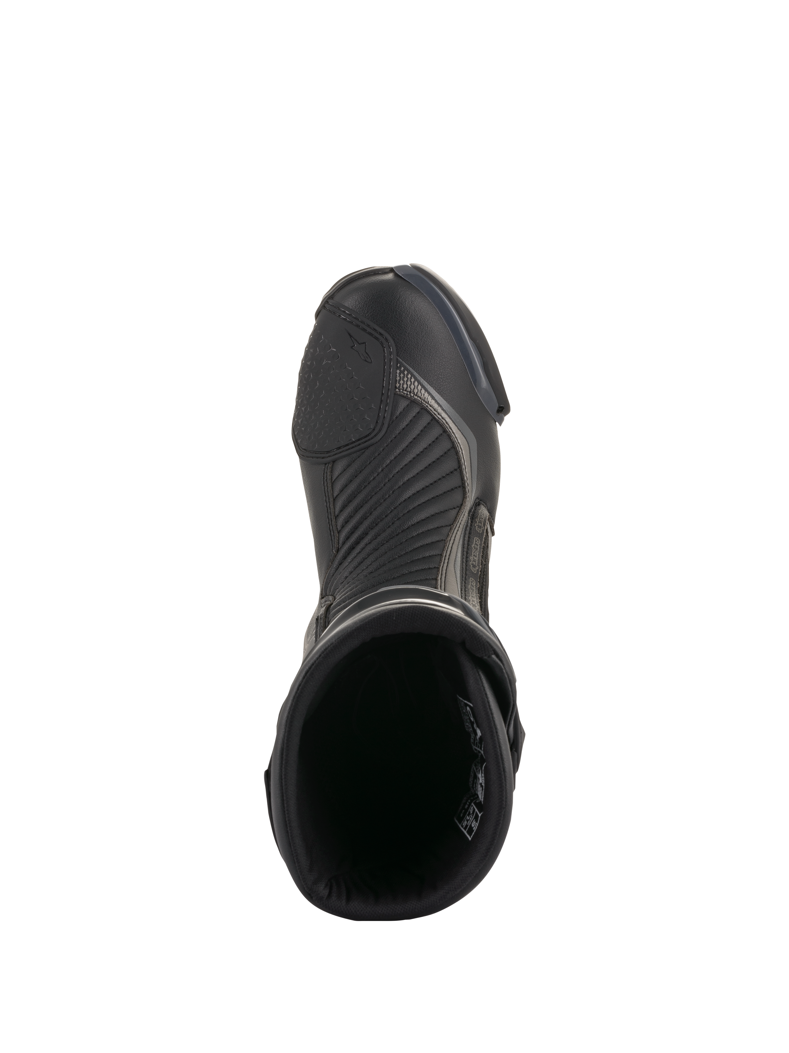 Bottes Alpinestars SMX Plus V2, noir et gris foncé, vue de dessus d'une seule botte de moto de course, avec renfort de sélecteur texturé, zones de flexion en accordéon et design à ouverture supérieure, chaussures de performance pour la route
