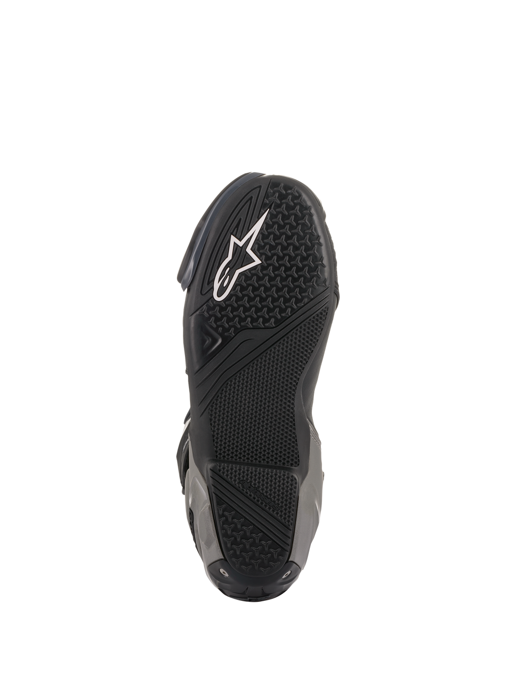 Bottes Alpinestars SMX Plus V2, bottes de moto racing/sport, noir et gris foncé, vue de dessous de la semelle en caoutchouc texturé avec logo Astar blanc et zones de grip spécialisées pour la traction sur les repose-pieds.