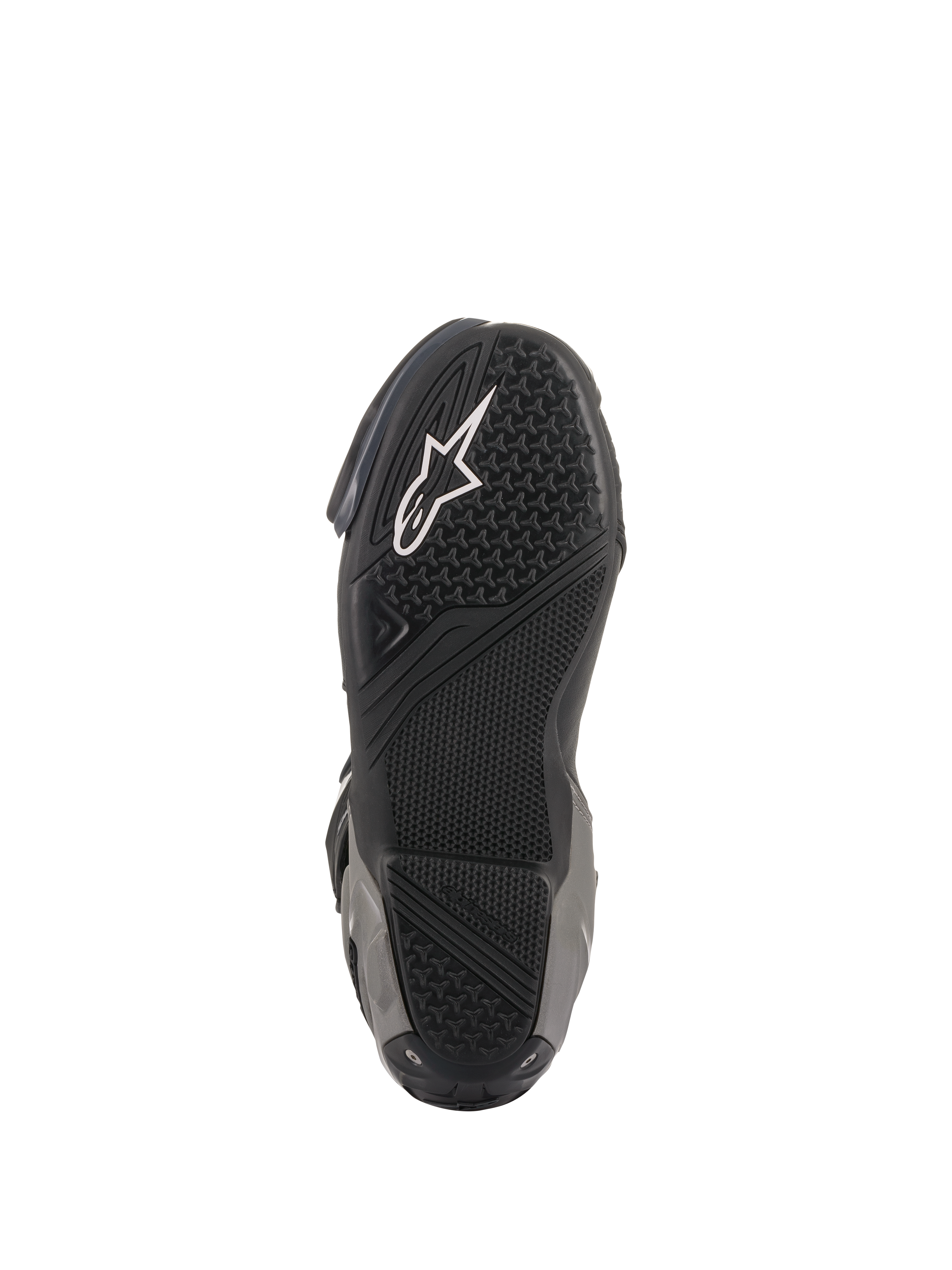 Bottes Alpinestars SMX Plus V2, bottes de moto racing/sport, noir et gris foncé, vue de dessous de la semelle en caoutchouc texturé avec logo Astar blanc et zones de grip spécialisées pour la traction sur les repose-pieds.