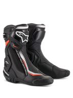 Alpinestars SMX Plus V2, bottes de moto pour course, noires, blanches et rouge fluo, protection TPU et système Multi-Link Control, certifiées CE.