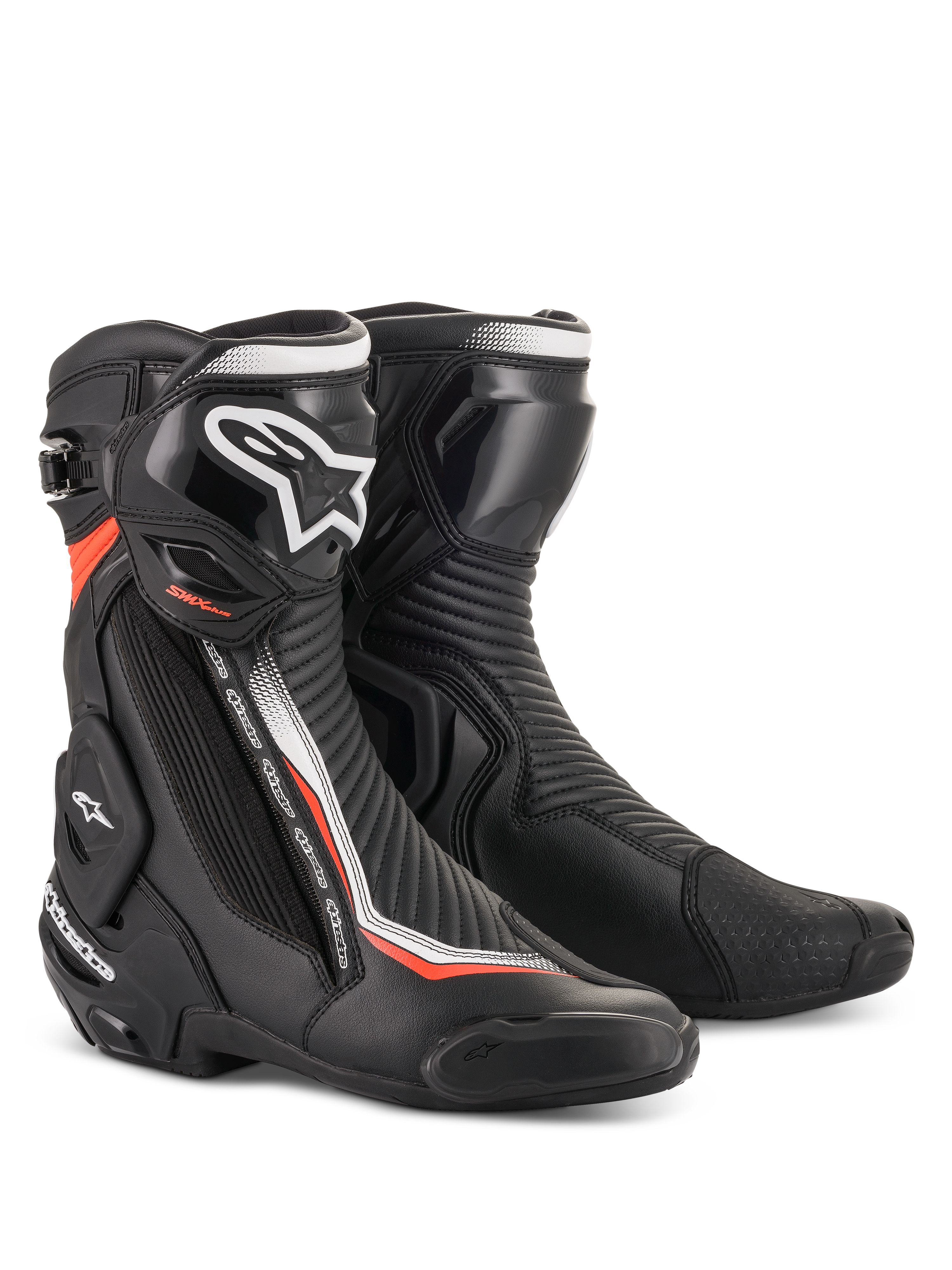 Alpinestars SMX Plus V2, bottes de moto pour course, noires, blanches et rouge fluo, protection TPU et système Multi-Link Control, certifiées CE.