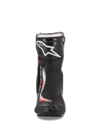 Alpinestars SMX Plus V2, bottes de moto racing noires et rouges fluorescentes, microfibre et TPU, vue de face.