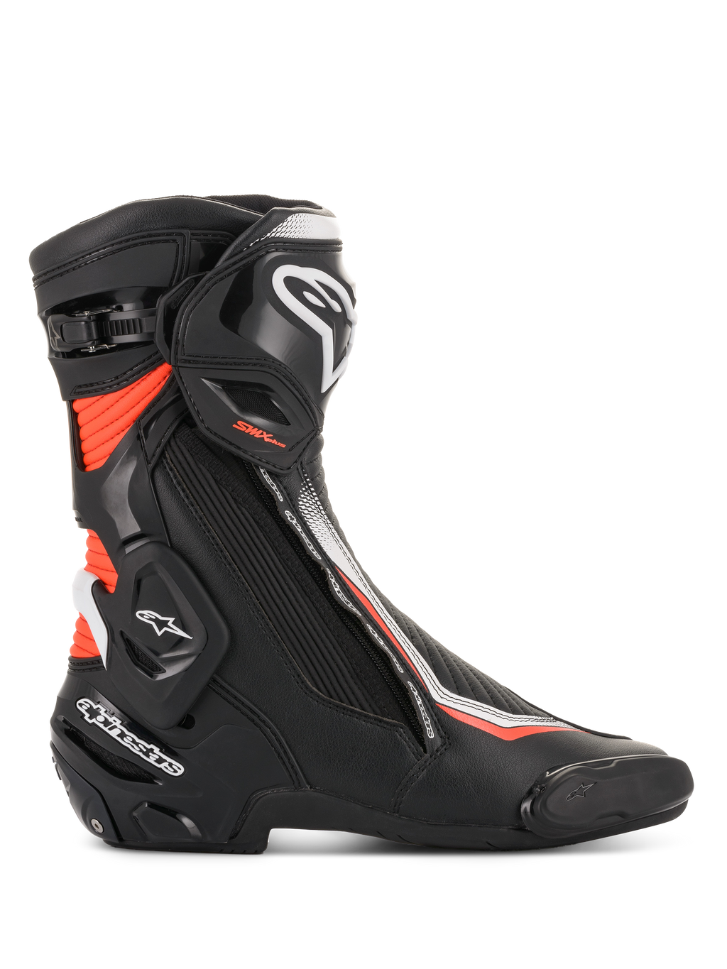 Alpinestars SMX Plus V2, bottes de moto noires, blanches et rouges fluorescentes avec protection Multi-Link Control.