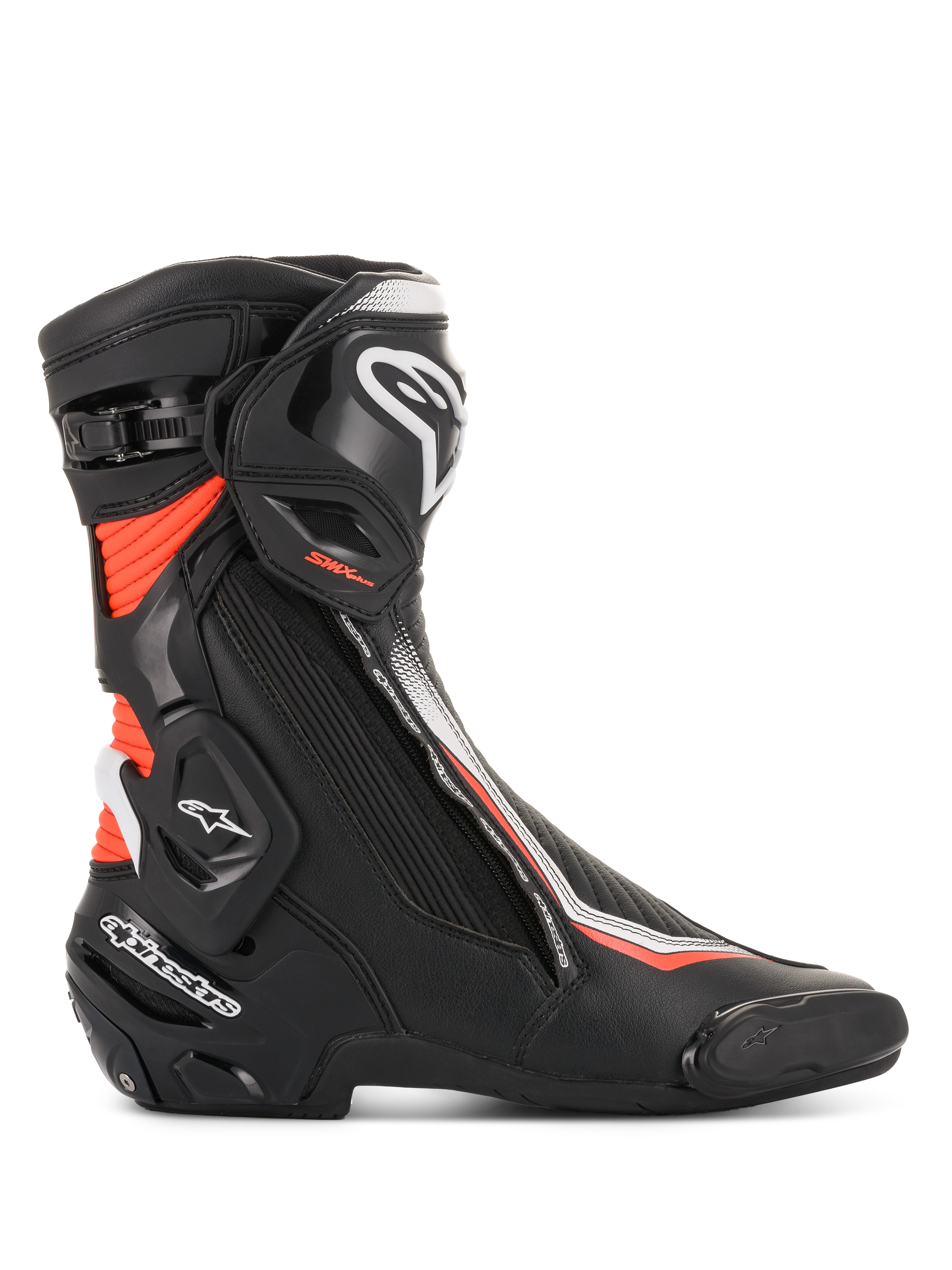 Alpinestars SMX Plus V2, bottes de moto noires, blanches et rouges fluorescentes avec protection Multi-Link Control.