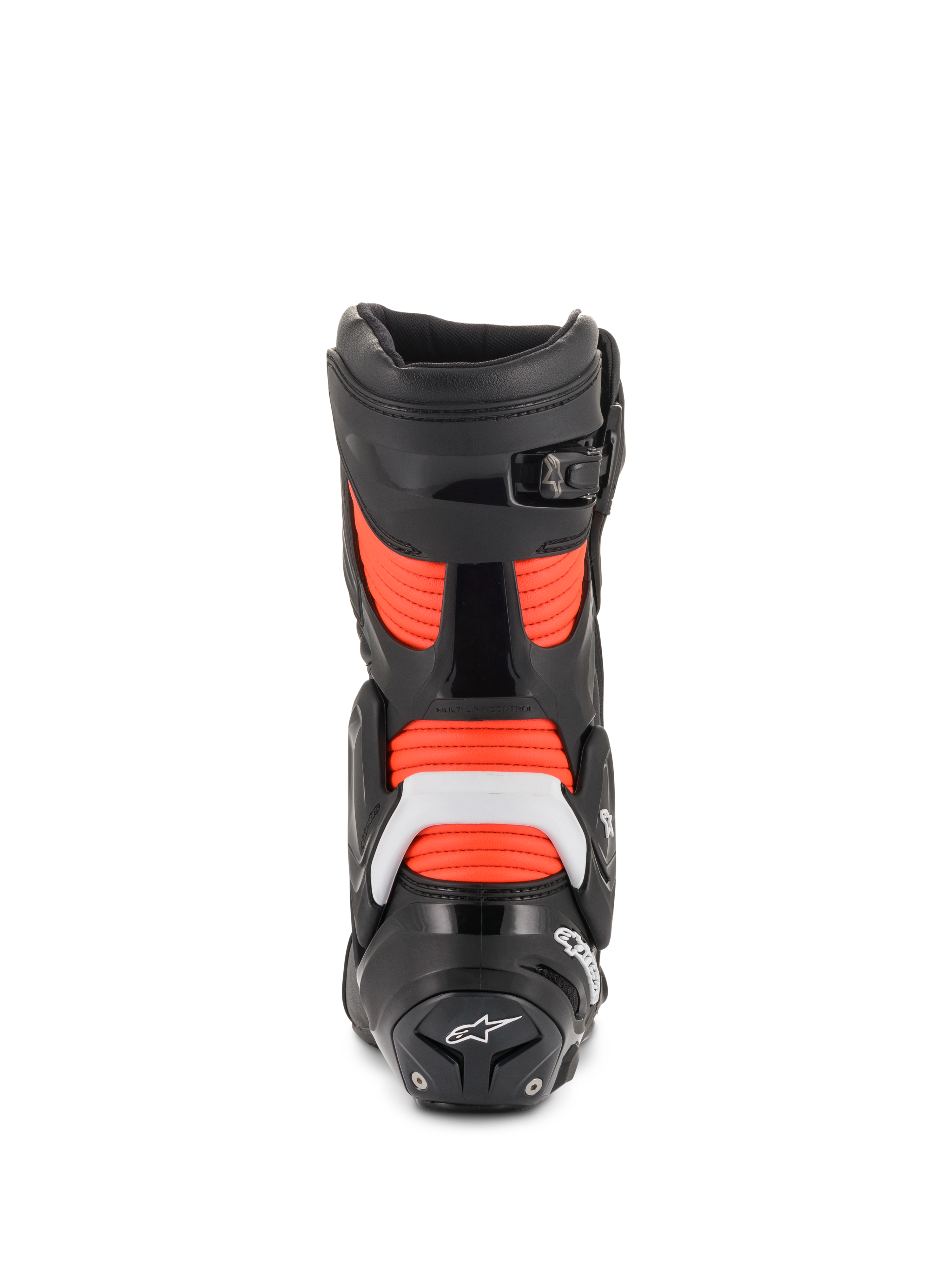 Alpinestars SMX Plus V2, bottes de moto de course noires, blanches et rouges fluo, vue arrière avec protections TPU.